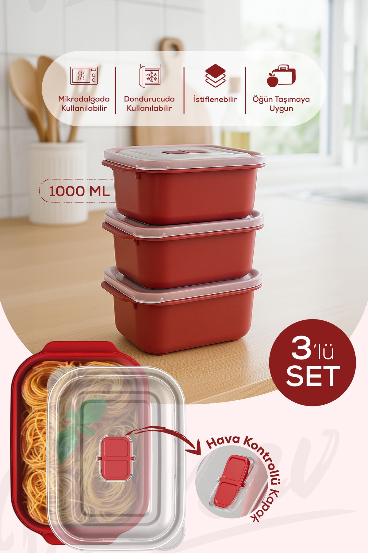 Vienev-Set of 3 Rectangular Storage Containers with Lids Suitable for Microwave - 1000 ml 1