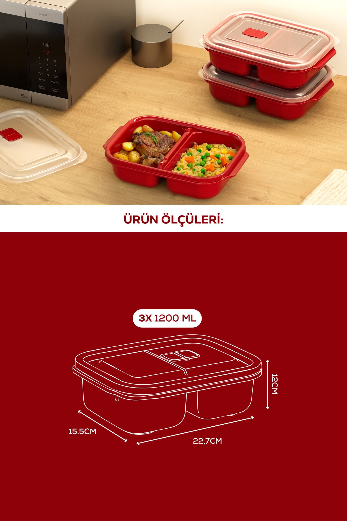 Vienev-Set of 3 Rectangular Storage Containers with Lid and Compartments Suitable for Microwave - 1200 ml 3
