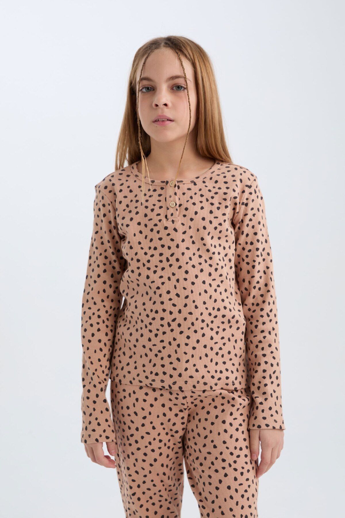 DeFacto-Mädchen-Pyjama-Set mit geripptem Camisole-Print – Rundhalsausschnitt, lange Ärmel, Ober- und Unterteil-Set D7748a8 4