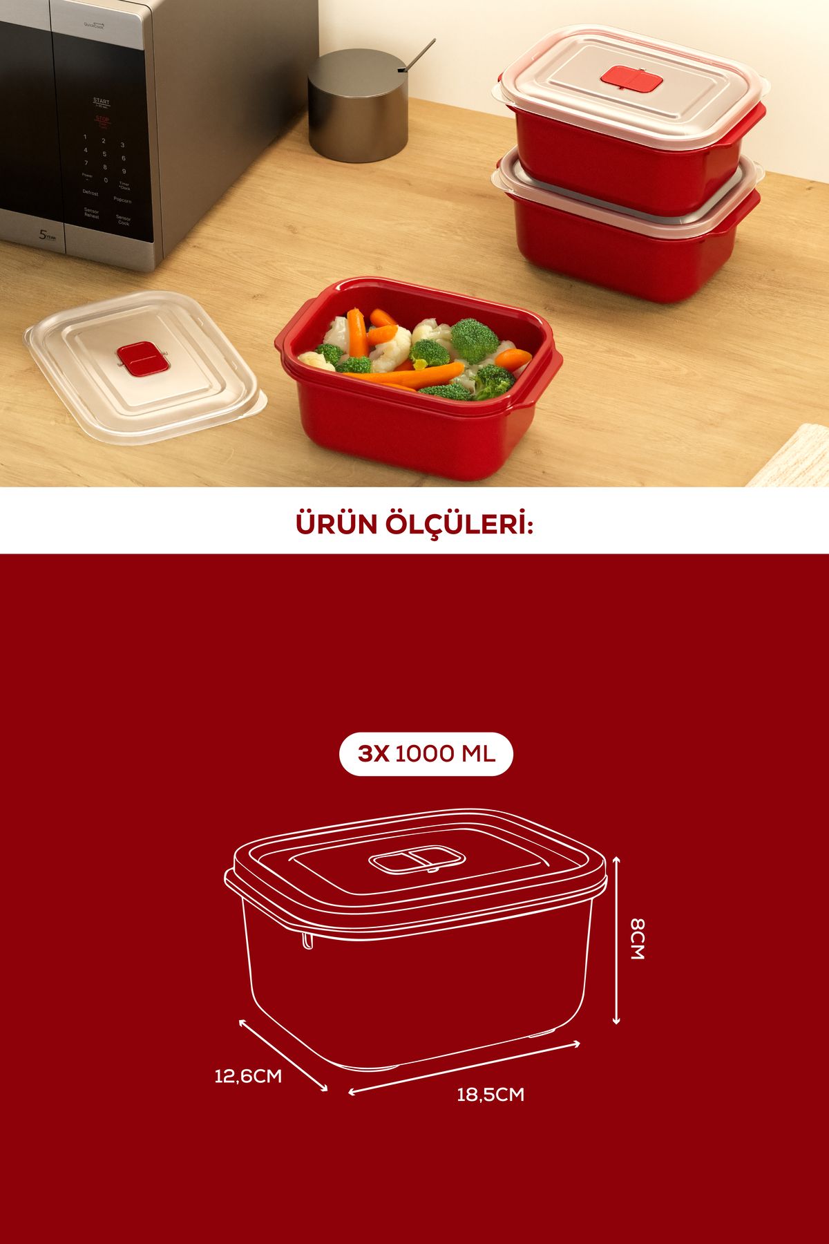 Vienev-Set of 3 Rectangular Storage Containers with Lids Suitable for Microwave - 1000 ml 3