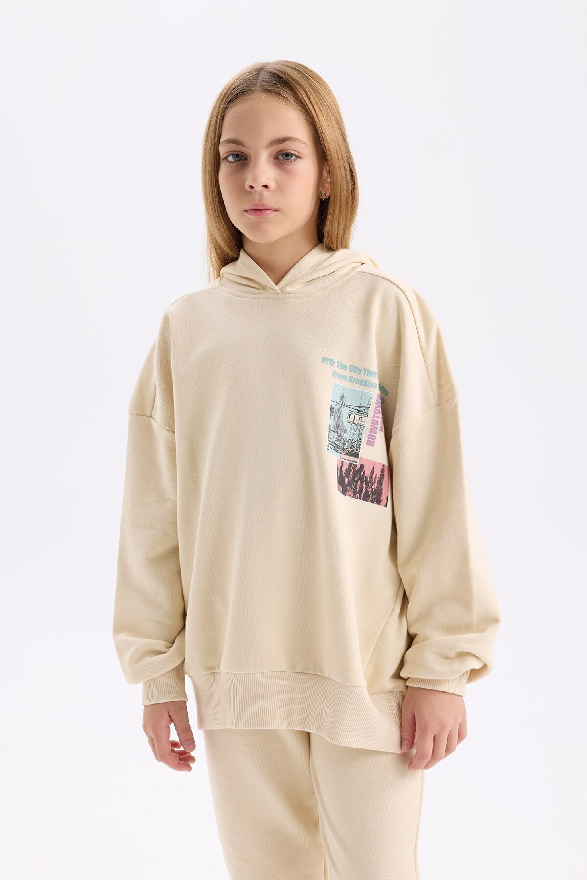 DeFacto-Dívčí 2dílná sada mikiny s potiskem Crew Neck Tepláky Jogger s elastickým pasem D4057A824WN 3
