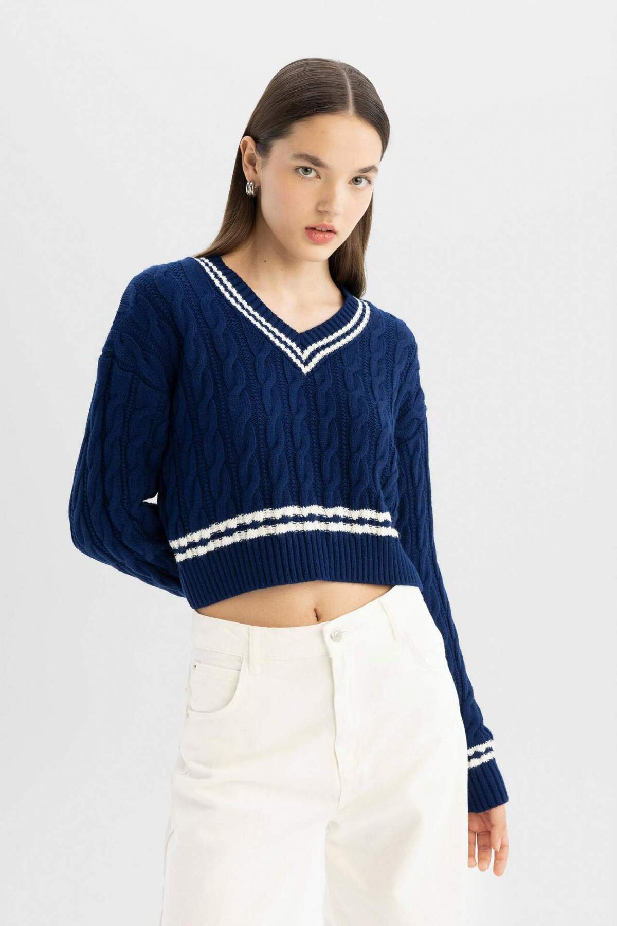 DeFacto-Coool Regular Fit V-подібний виріз, плетені лінії, трикотажний светр C7321AX24WN 3