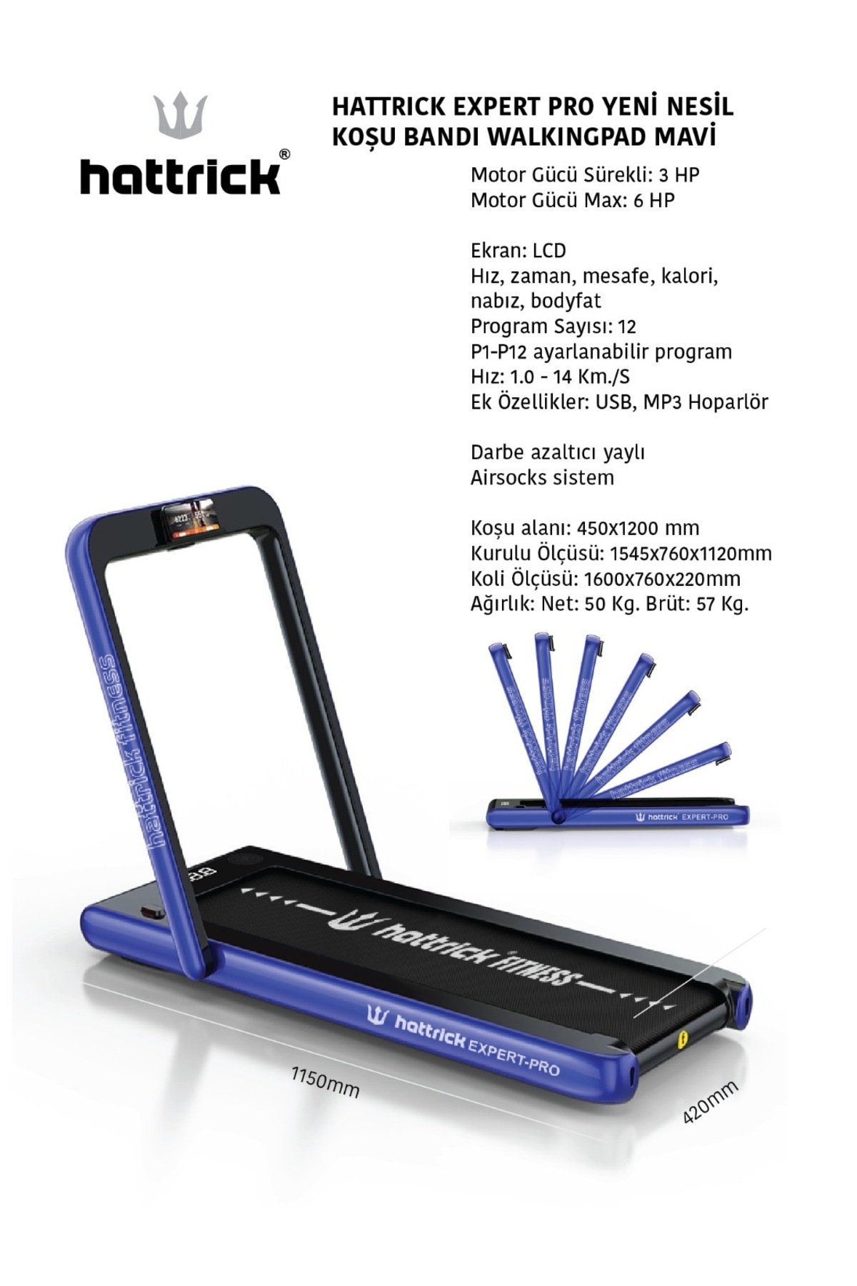 Hattrick Expert Pro Yeni Nesil Koşu Bandı 3 Hp Walkingpad Mavi