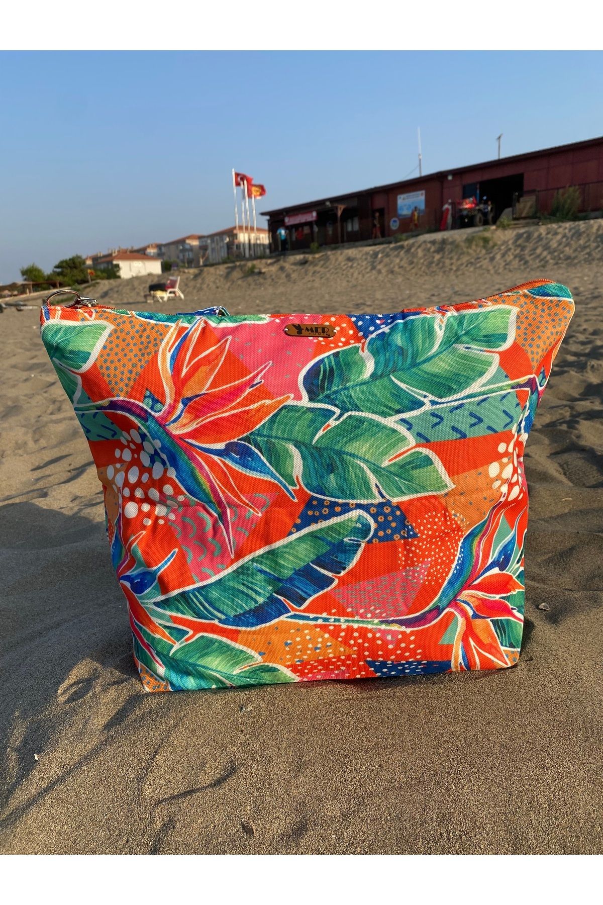 MER HOME-Modern Botanical Patterned Zippered Lined Beach Bag Daily Shoulder Bag 4