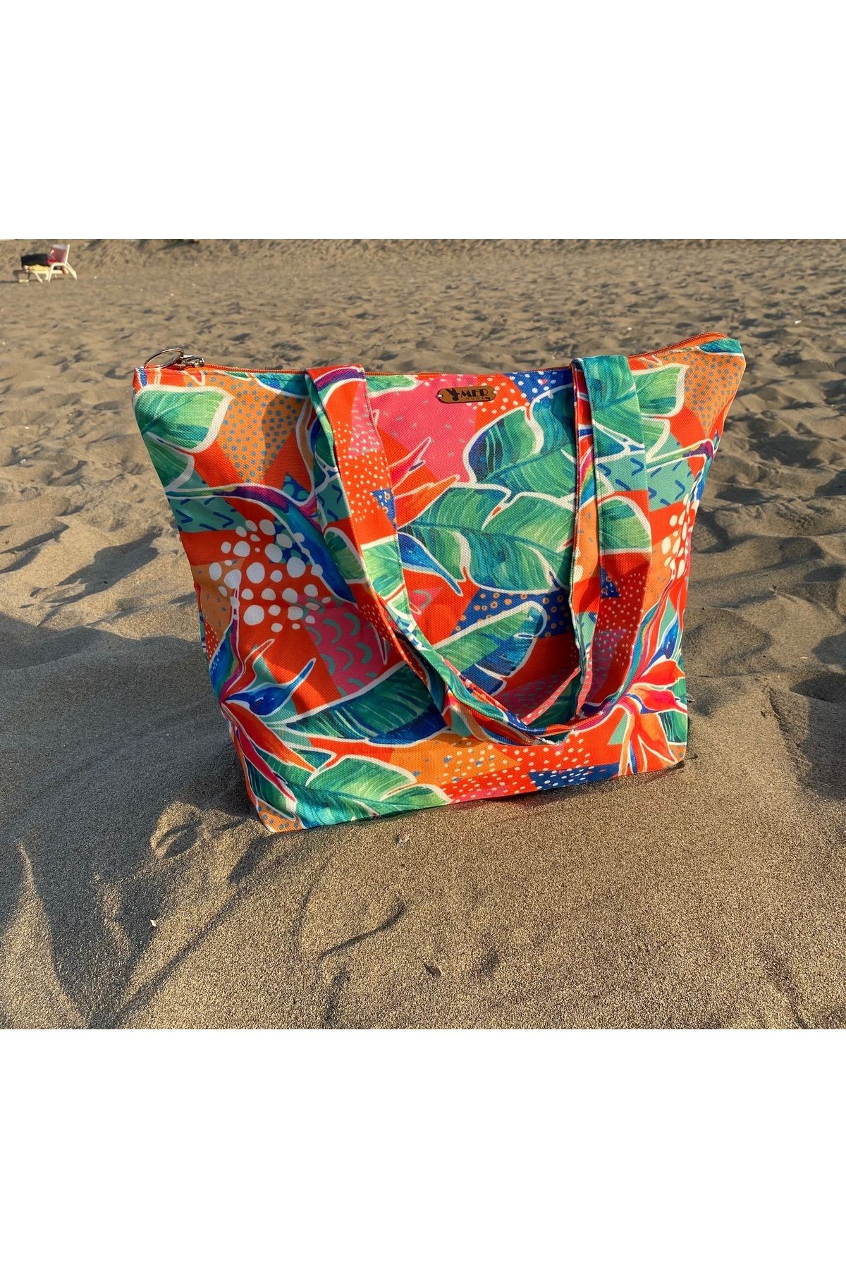 MER HOME-Modern Botanical Patterned Zippered Lined Beach Bag Daily Shoulder Bag 6