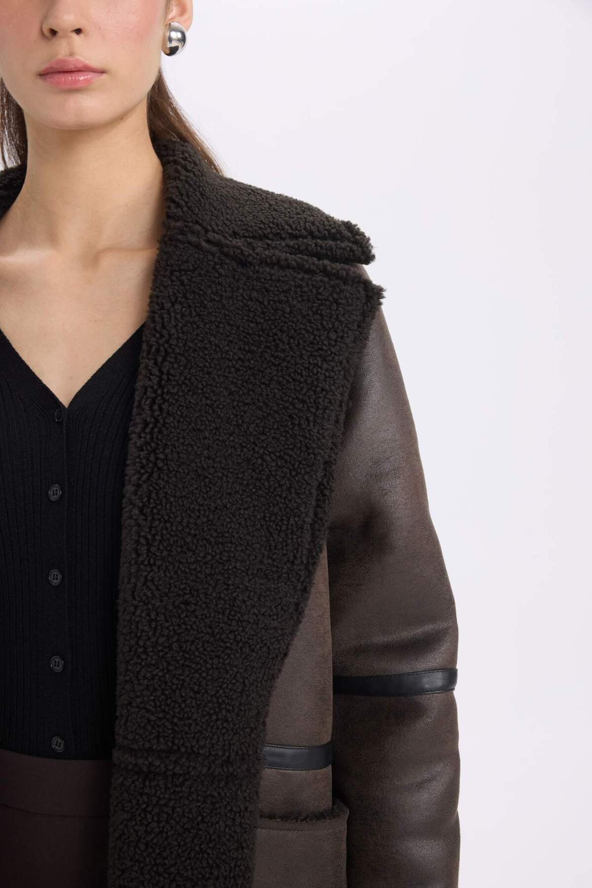 DeFacto-Faux Leather Plush Lined Tuxedo Lapel Parka with Buttons and Pockets, Regular Fit D0840Ax24Wn 6