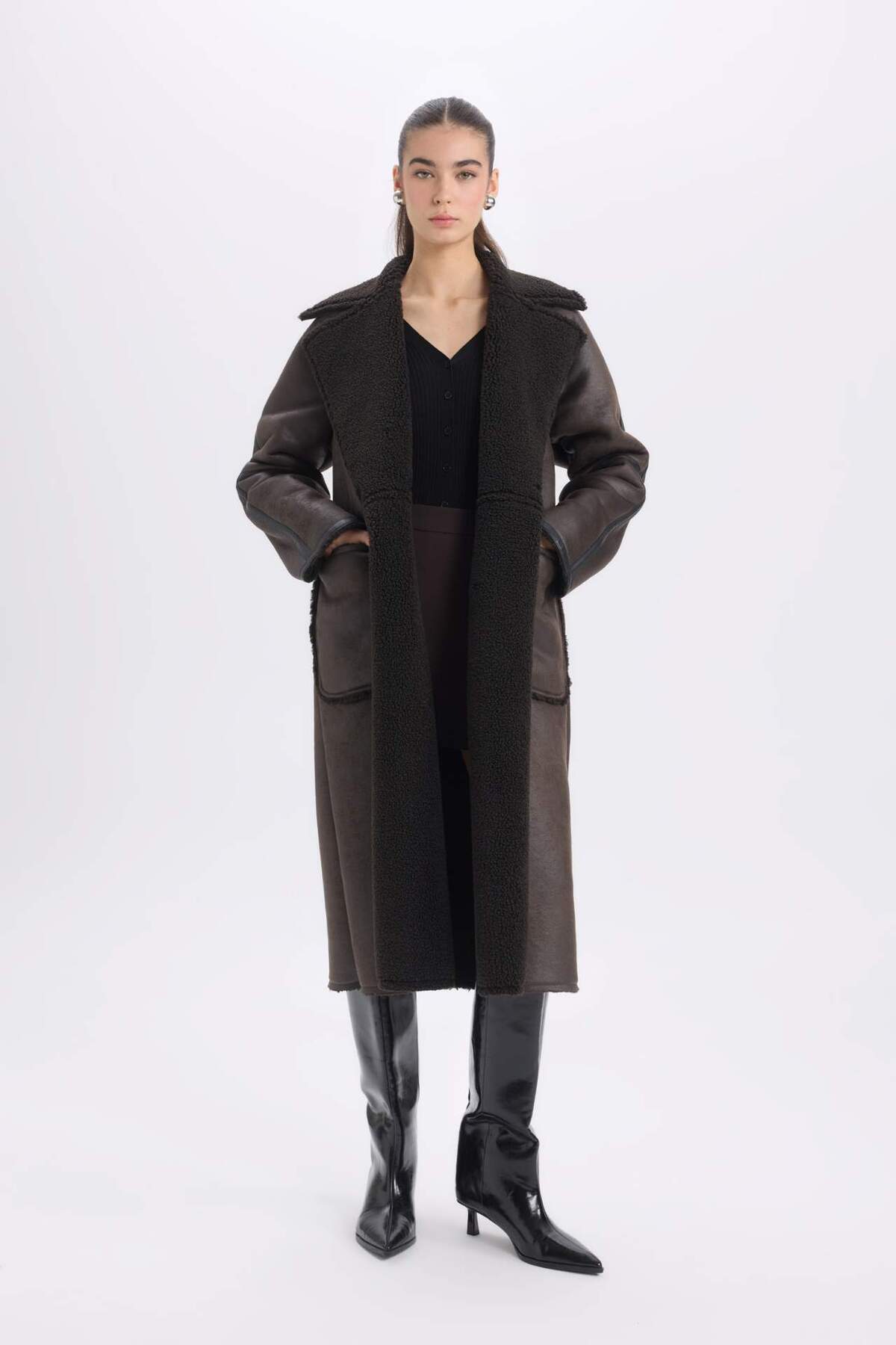 DeFacto-Faux Leather Plush Lined Tuxedo Lapel Parka with Buttons and Pockets, Regular Fit D0840Ax24Wn 2