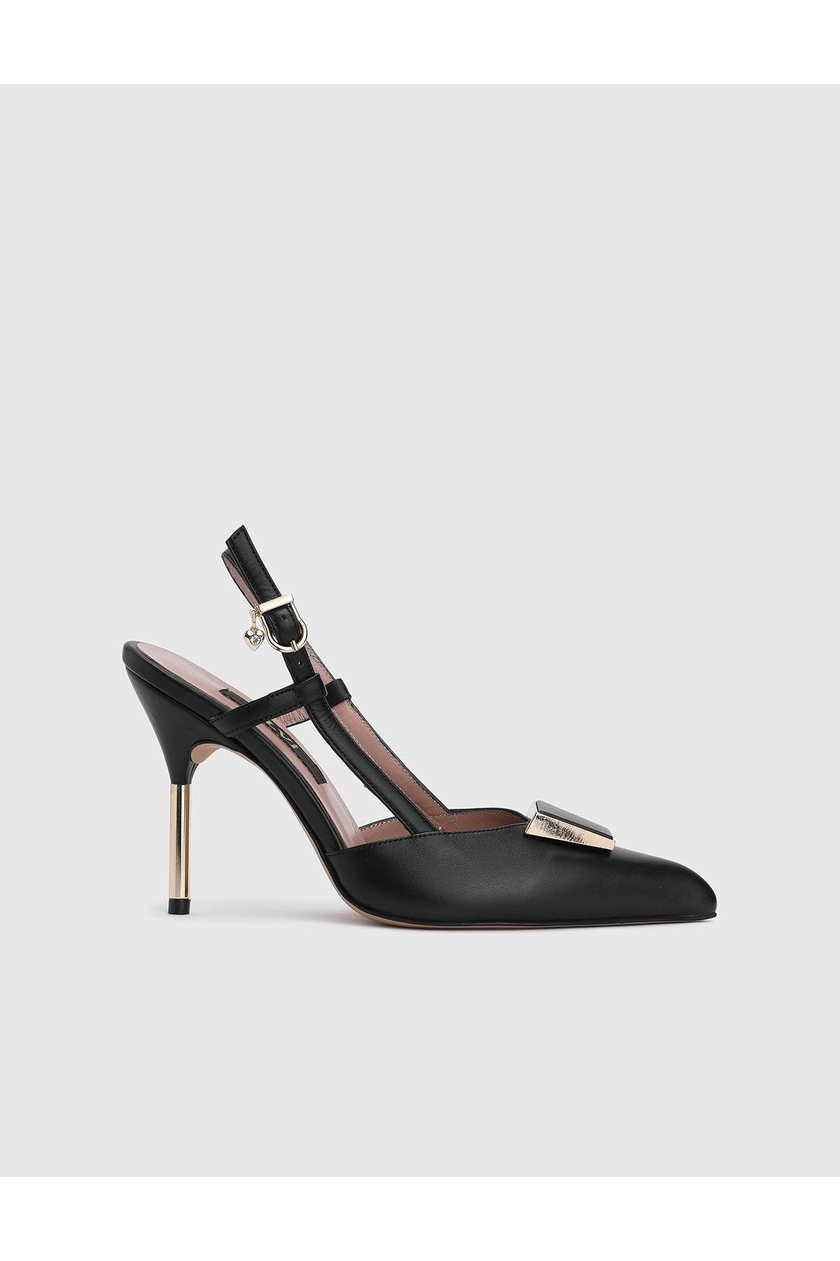 İlvi  Fanni Hakiki Deri Kadın Siyah Topuklu Sandalet - Görsel 3