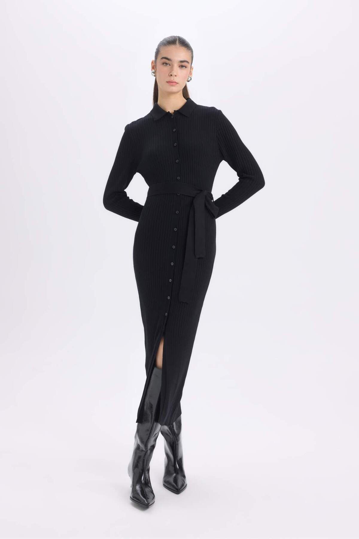 Fitted Vücudu Saran Gömlek Yaka Basic Düz Uzun Kollu Midi Elbise D8595ax24wn
