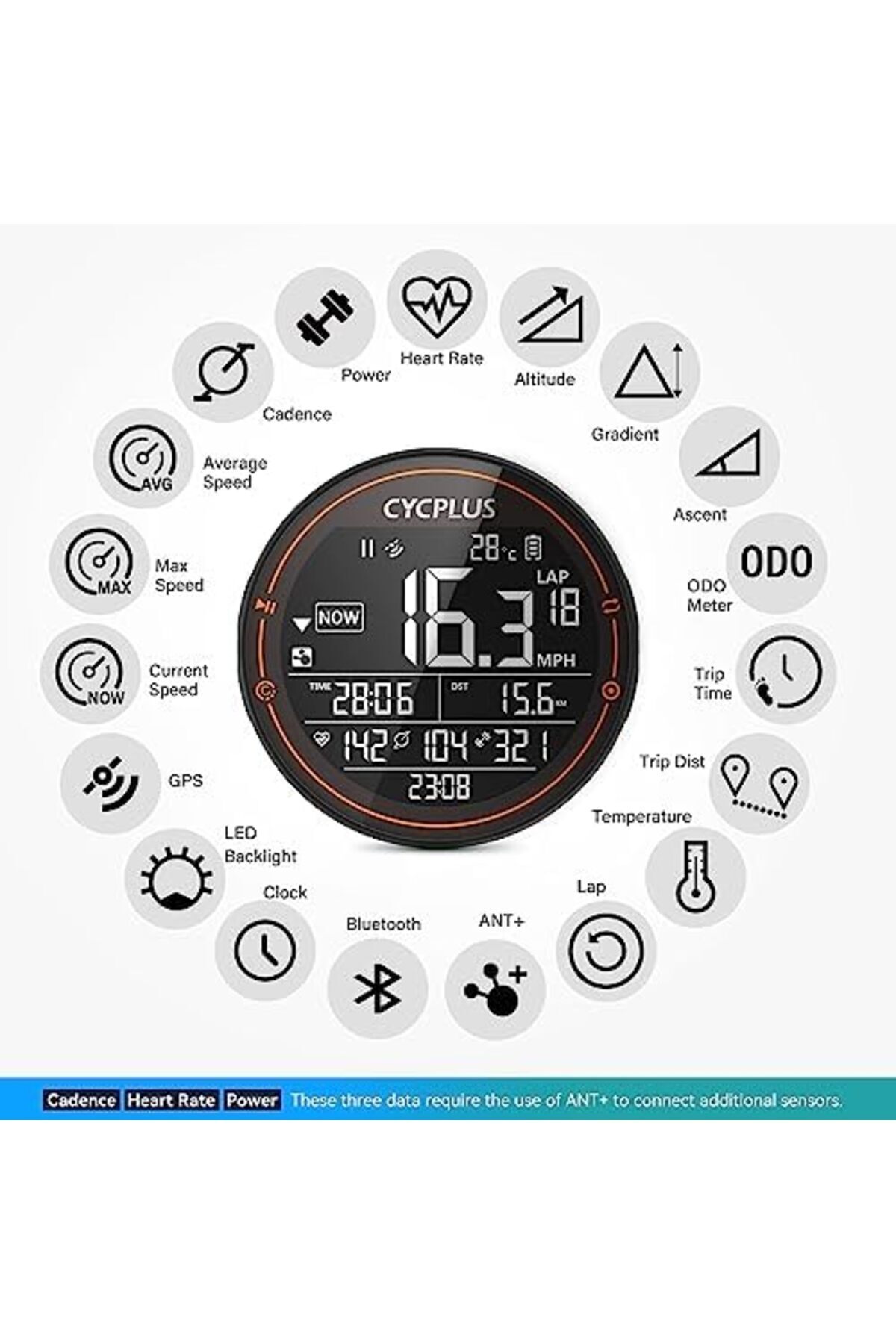 CYCPLUS-GPS Bike Computer M2, Wireless Cycling Computer, ANT+ Bluetooth Mini Speedometer Odometer 2