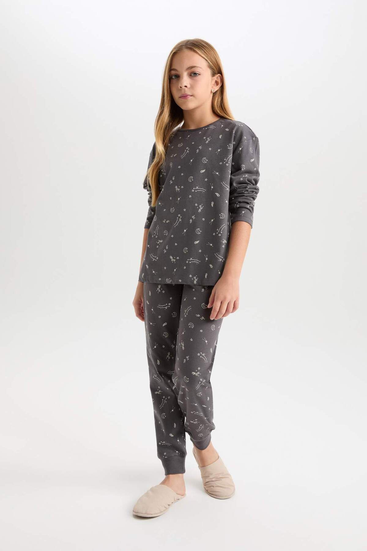 DeFacto-Set pijamale cu model pentru fete - mânecă lungă, talie elastică, D6654a824wn 2