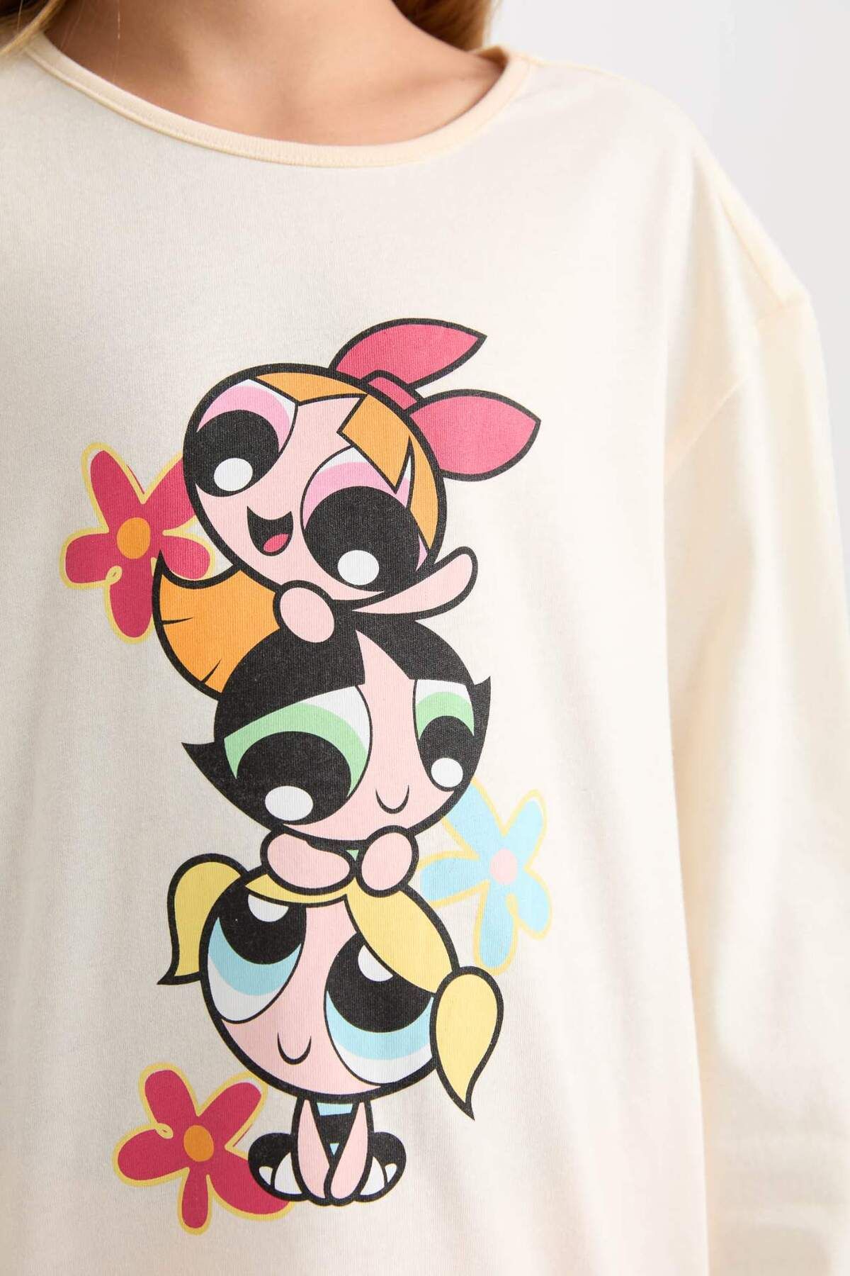 DeFacto-Mädchen-Pyjama-Set PowerPuff Girls Langarm-Oberteil mit gemusterter Taille und elastischem langem Unterteil D9838A824AU 4
