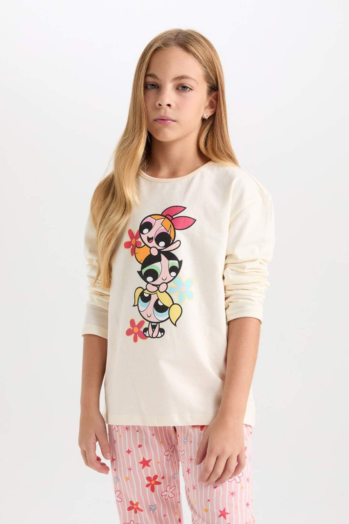 DeFacto-Mädchen-Pyjama-Set PowerPuff Girls Langarm-Oberteil mit gemusterter Taille und elastischem langem Unterteil D9838A824AU 3