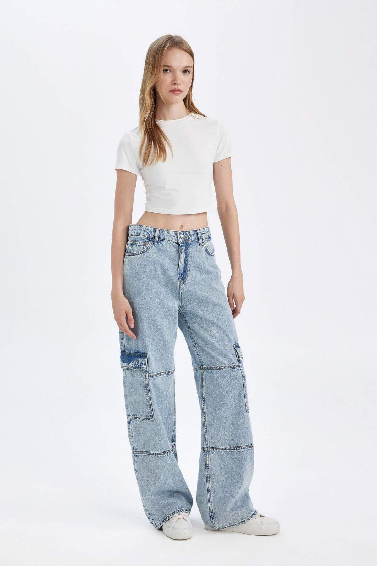 Straight Fit Kargo Yüksek Bel Uzun Jean Yıkamalı Pantolon C7363AX24AU