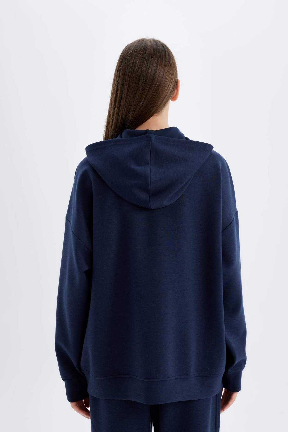 DeFacto-Oversize Wide Fit Hooded Basic Plain Skuba Diver Fabric Zippered Sweatshirt with Pockets C6871Ax24Au 7