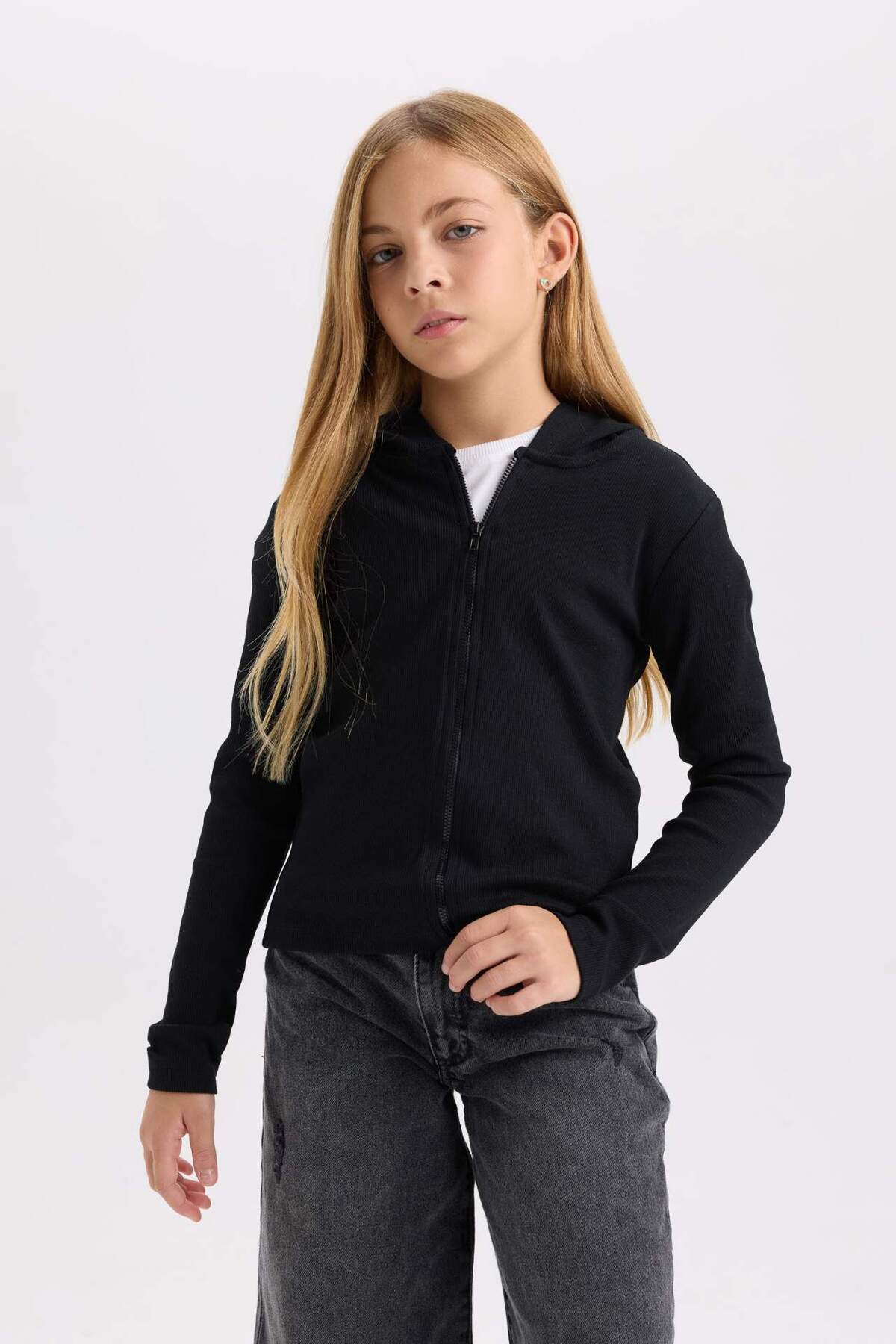 DeFacto-Lány kapucnis bordás camisole cipzáras pulóver D3350A824AU 3