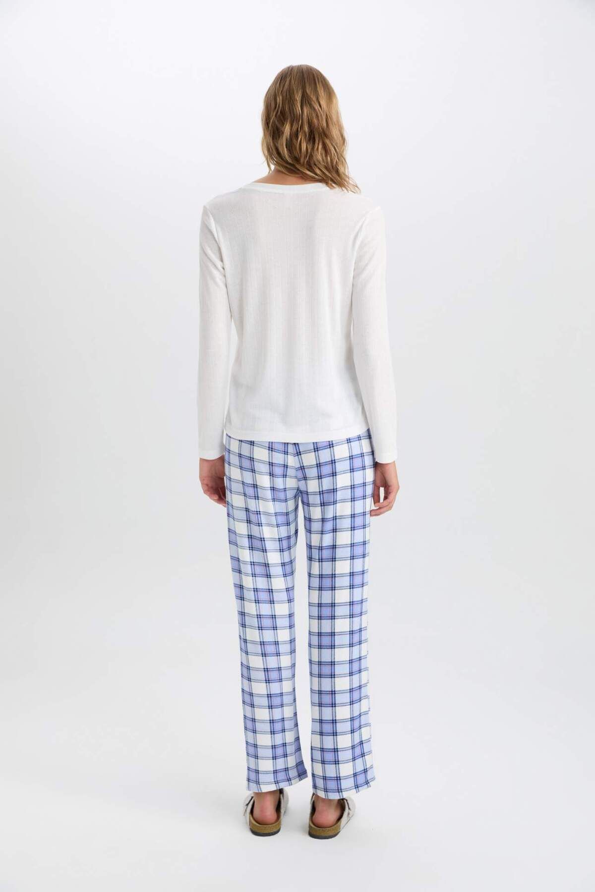 DeFacto-Set pijamale cu decolteu în V cu mâneci lungi Basic Solid Top în carouri Talie elastică Partea de jos-Fall in Love C5438AX24AU 6