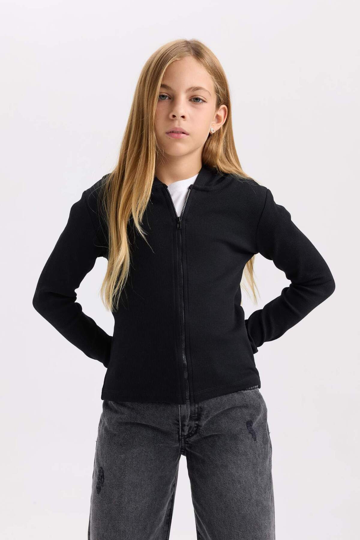 DeFacto-Lány kapucnis bordás camisole cipzáras pulóver D3350A824AU 4