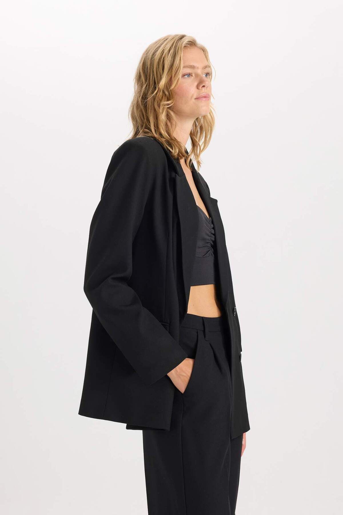 DeFacto-Oversize Wide Fit Blazer Jacket Double Breasted Lapel Button Basic Plain Blazer Jacket C2575Ax24Au 4
