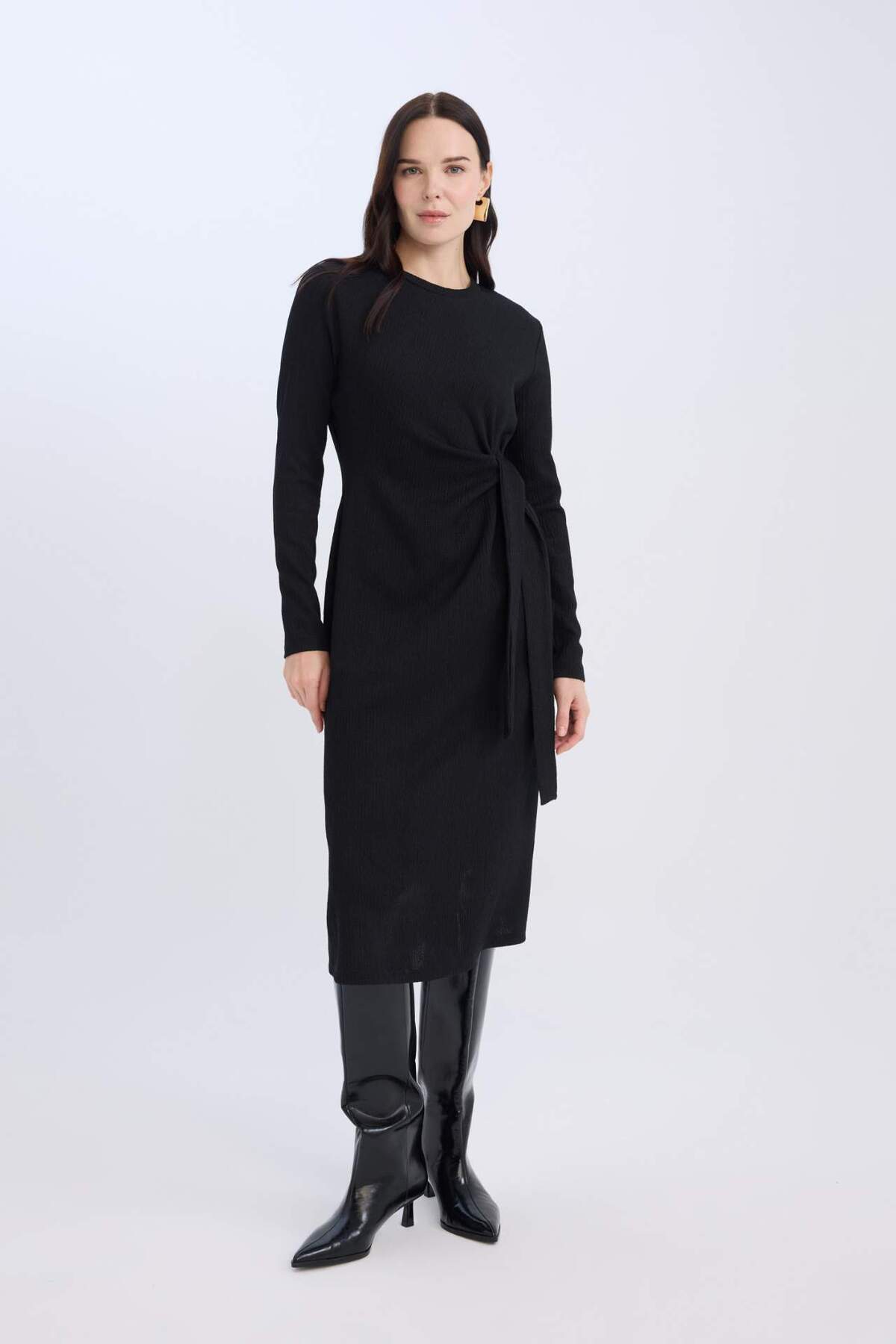 Bisiklet Yaka Basic Düz Beli Bağlamalı Bürümcük Uzun Kollu Maxi Siyah Elbise D6553ax24wn