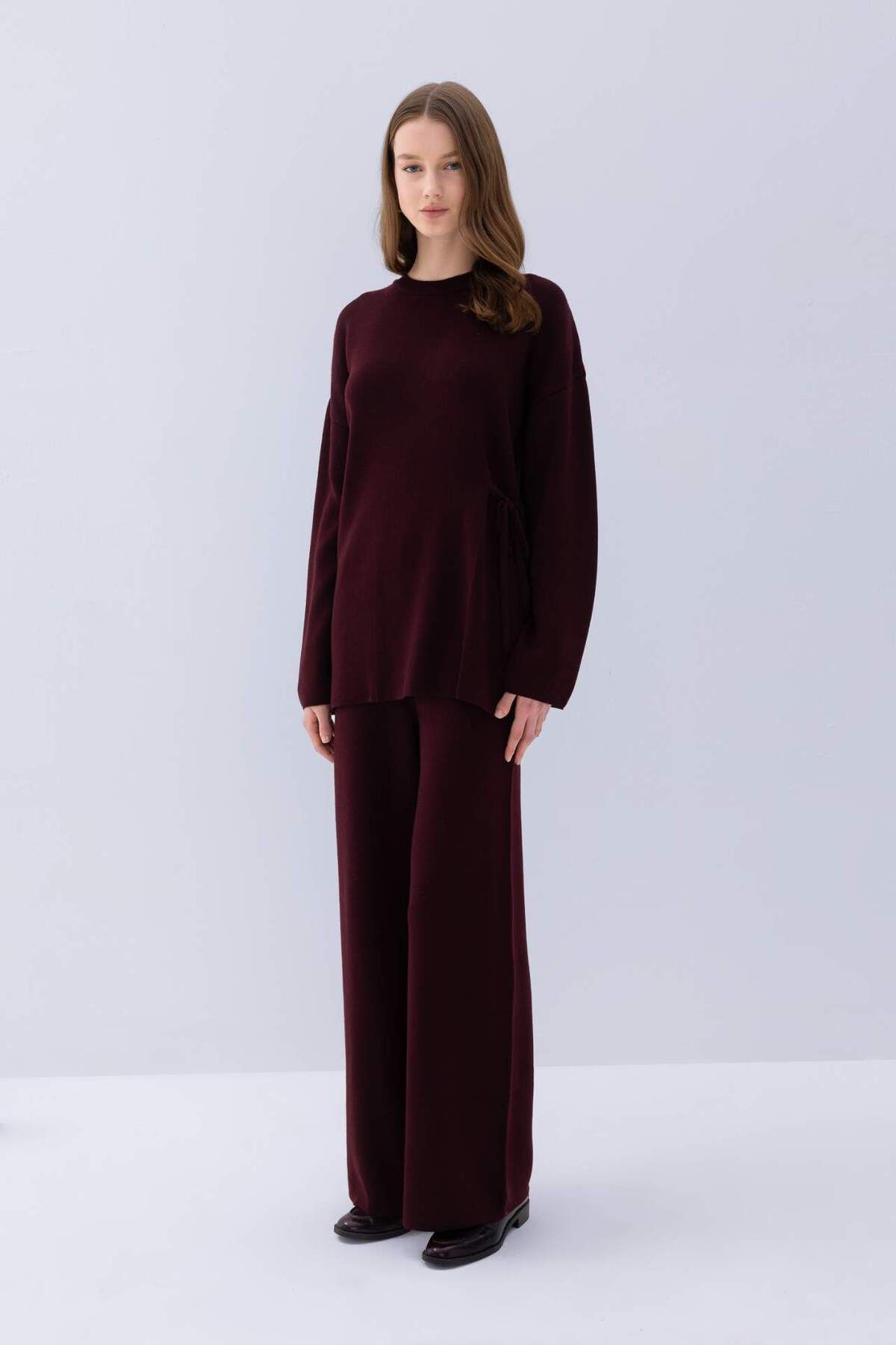 DeFacto-Regulär Fit Rundhalsausschnitt Bindeband Basic Unifarbene Strickpullover Tunika D7508AX24WN 2