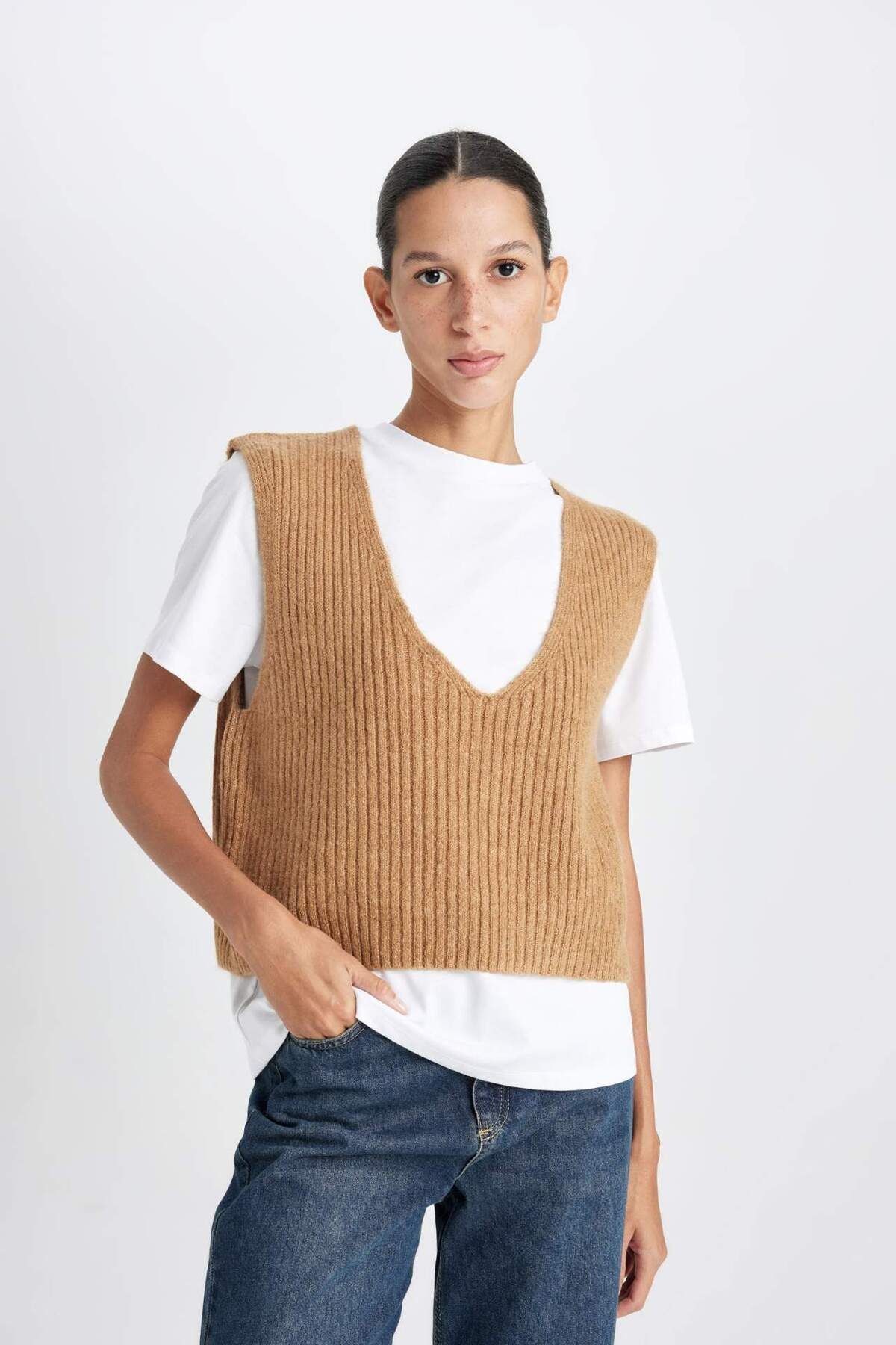 DeFacto-Regular Fit V-Ausschnitt Basic Glattstrickpullover D8588AX24WN 3