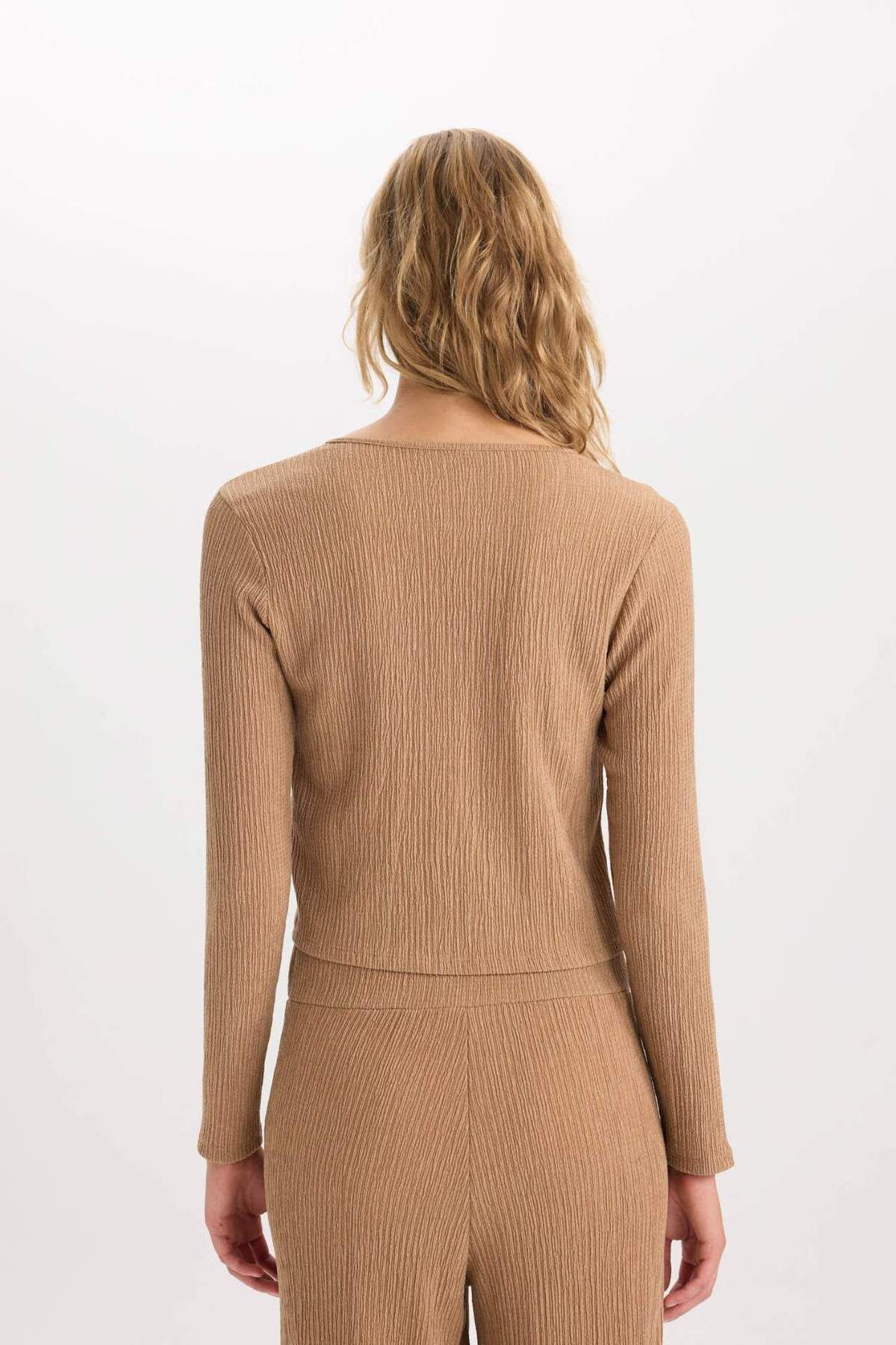 DeFacto-Regular Fit Rundhalsausschnitt Basic Plain Twist Langarm-Cardigan mit Schnürung vorne D6296AX24AU 7