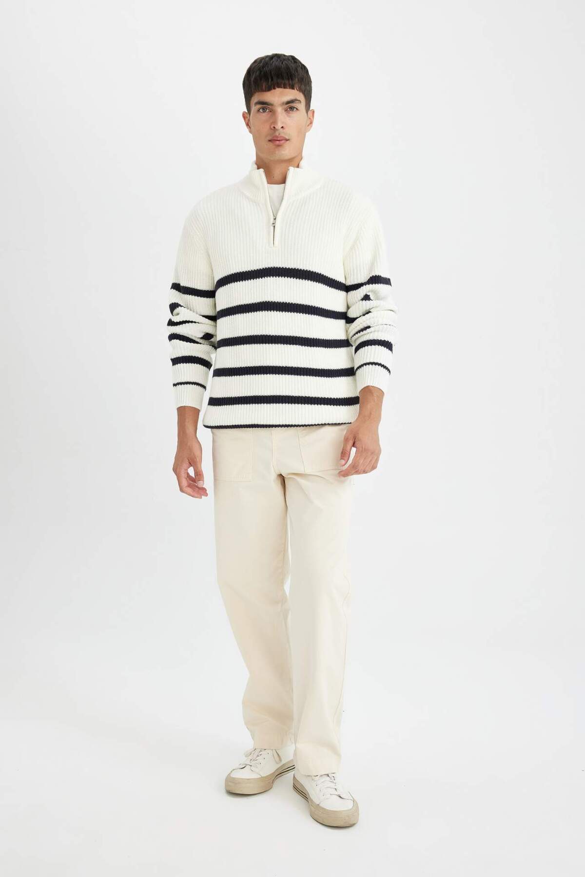 DeFacto-Standard Fit Stand Collar Half Zipper Striped Knitwear Sweater D3274Ax24Wn 2