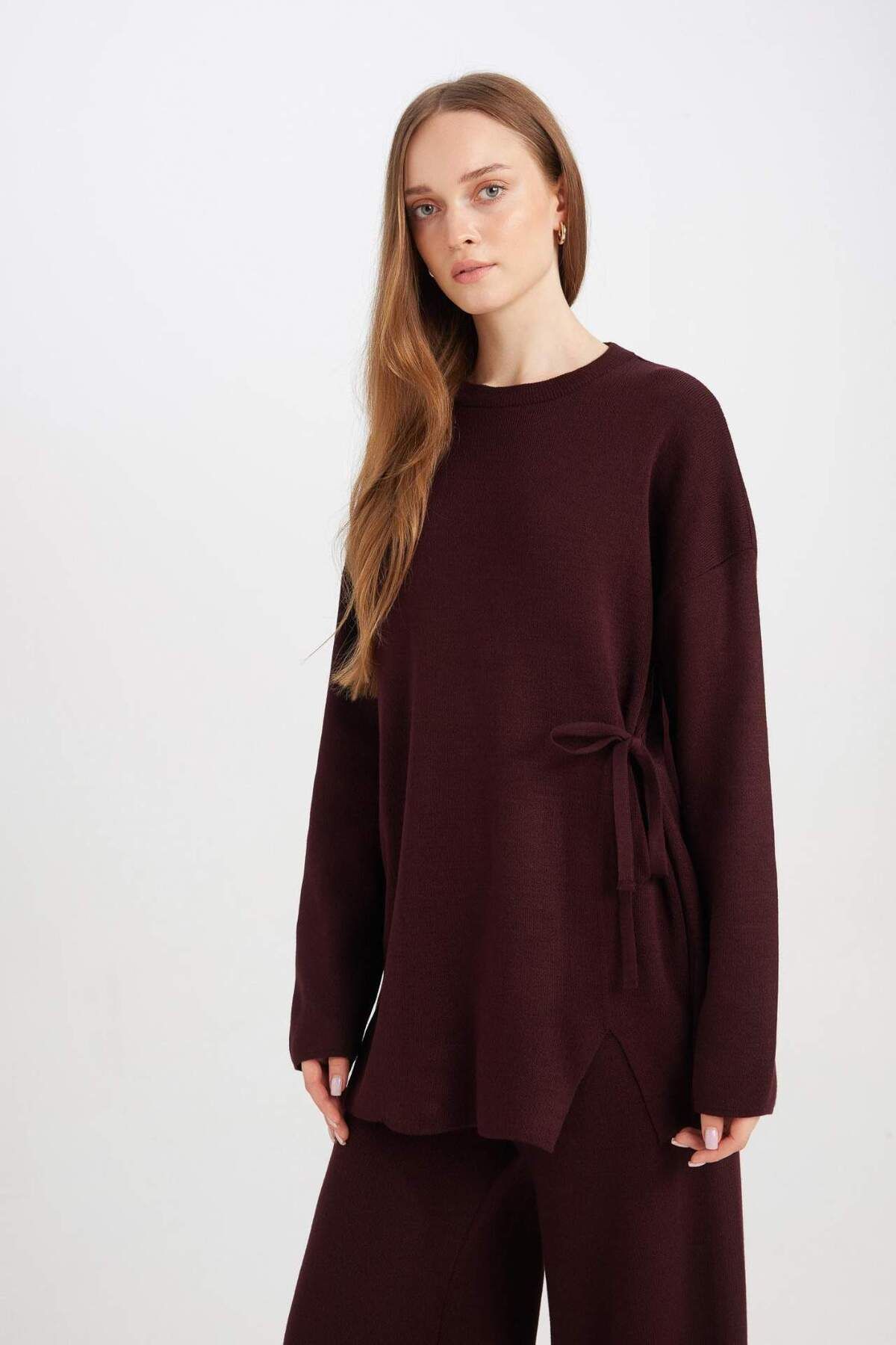 DeFacto-Regulär Fit Rundhalsausschnitt Bindeband Basic Unifarbene Strickpullover Tunika D7508AX24WN 5
