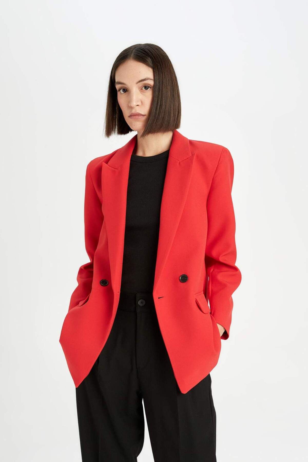 DeFacto-Oversize Wide Fit Jacket Collar Buttoned Basic Plain Blazer Jacket C2457Ax24Au 5