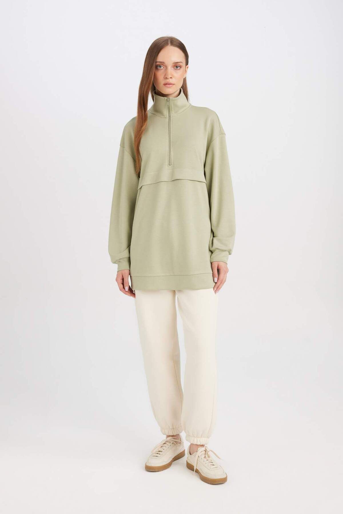 DeFacto-Half Zipper Stand Collar Basic Plain Sweatshirt Tunic D1615Ax24Au 2