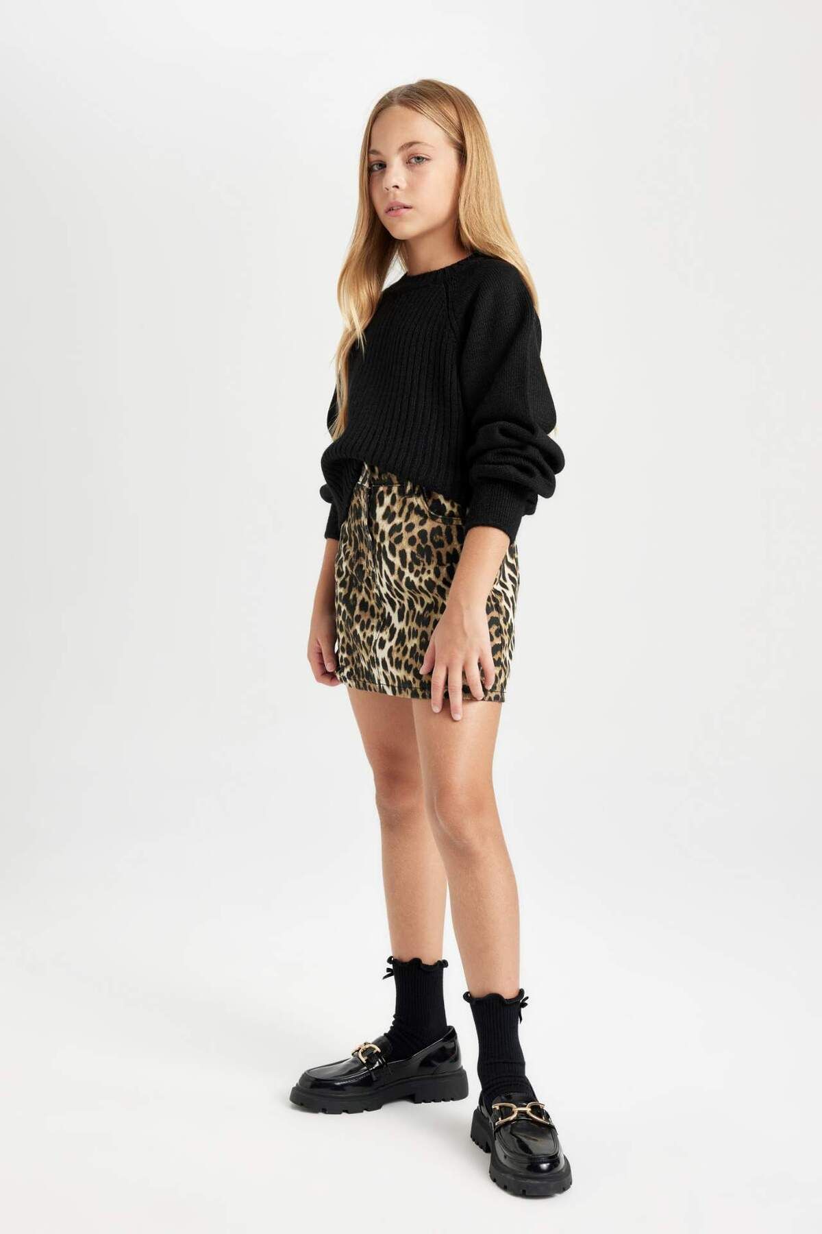 DeFacto-Girl's Leopard Patterned Pocketed Gabardine Skirt D5241A824Wn 4
