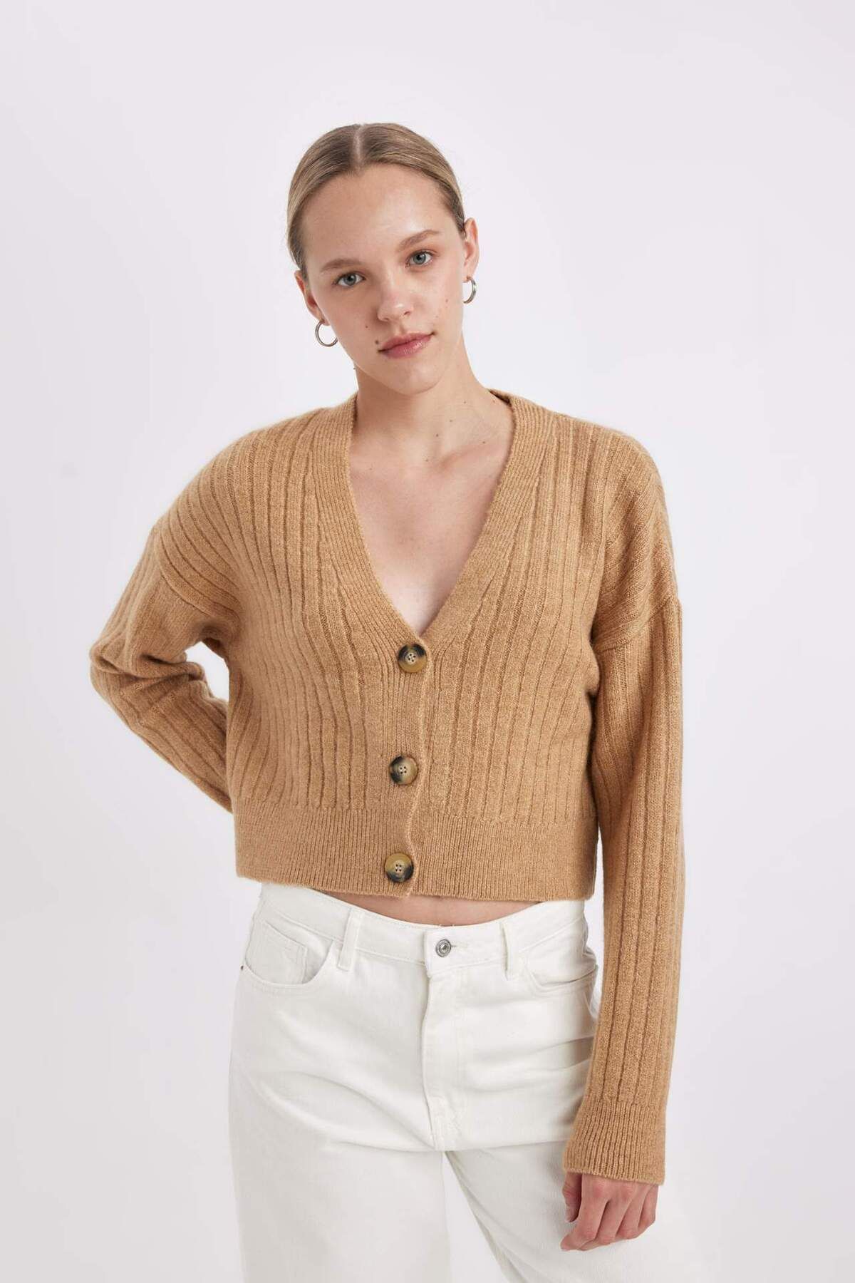 DeFacto-Pletený svetr Regular Fit s výstřihem do V Basic Plain Button R1389AZ24WN 3