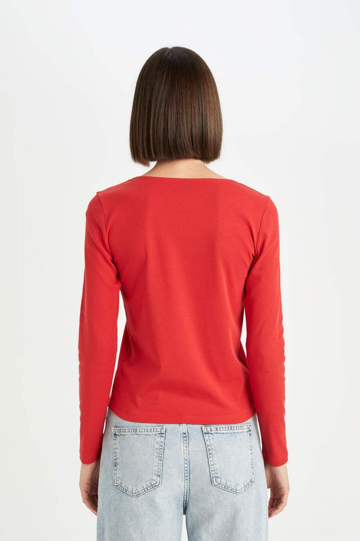 DeFacto-Regular Fit Square Neck Basic Plain Ribbed Camisole Long Sleeve Red T-Shirt D7506Ax24Au 6