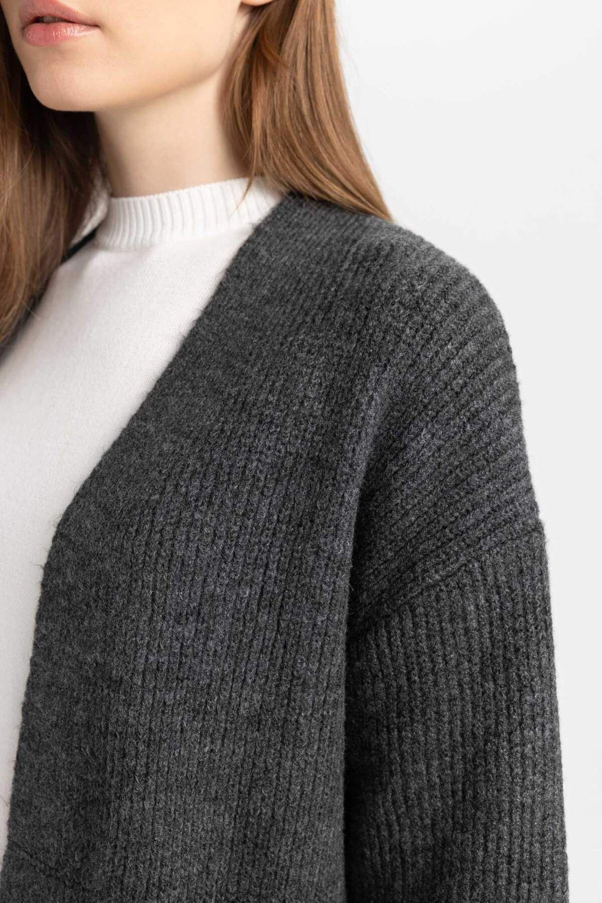 DeFacto-Regular Fit Basic Unifarbene Lange Strickjacke D4367AX24WN 5