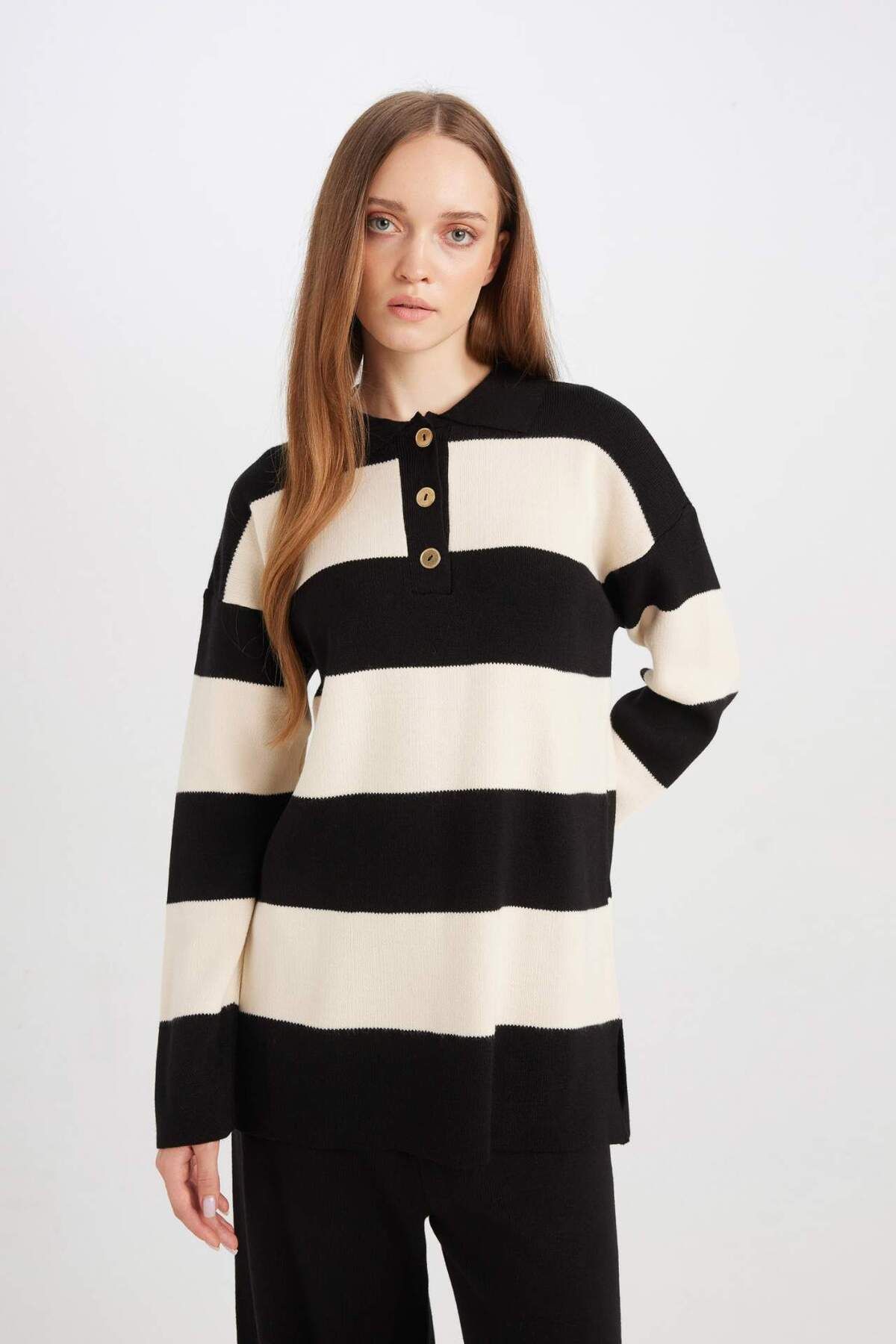 DeFacto-Regular Fit Polo Collar Buttoned Striped Sweater Tunic D2442Ax24Wn 4