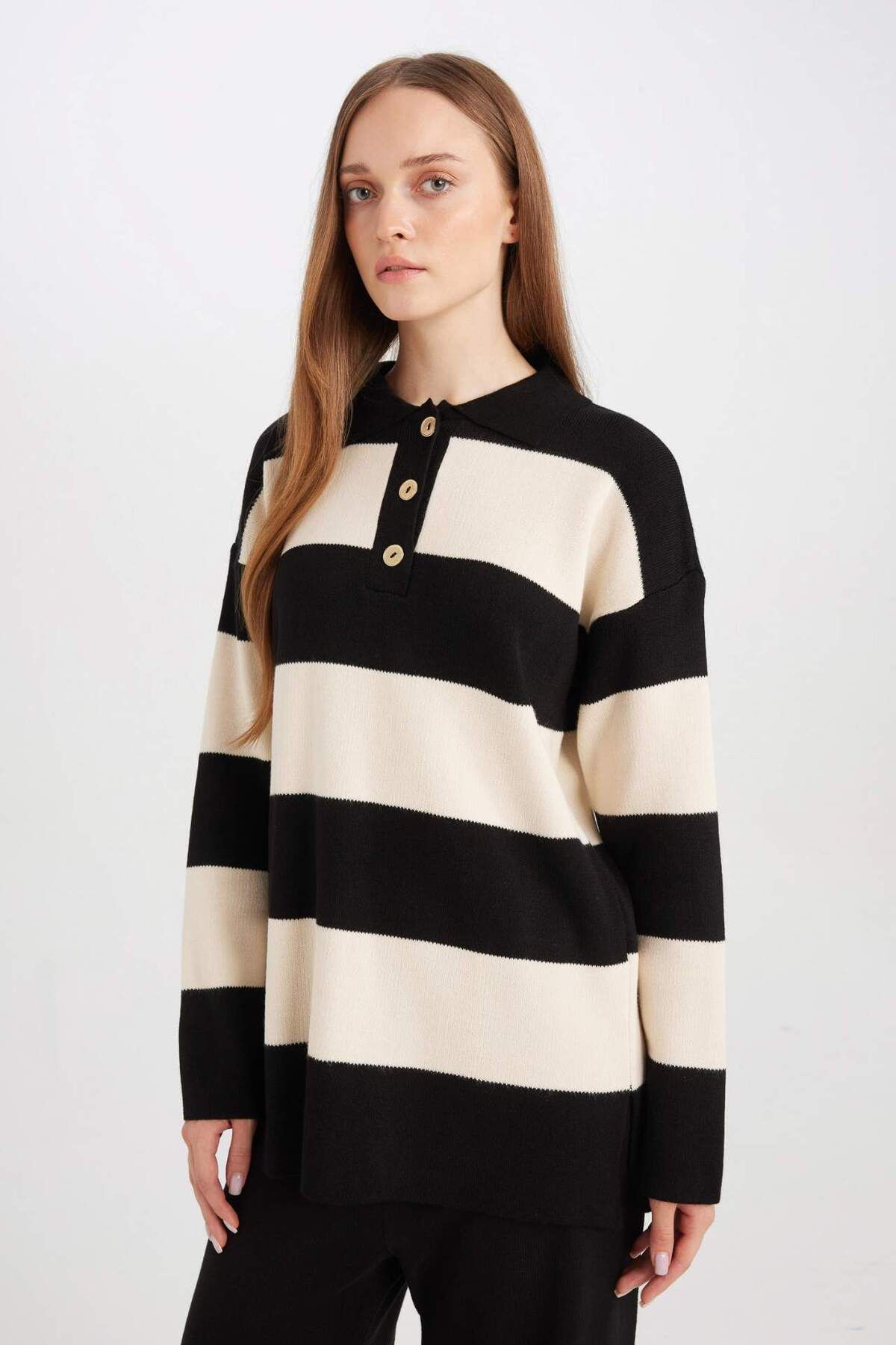 DeFacto-Regular Fit Polo Collar Buttoned Striped Sweater Tunic D2442Ax24Wn 3