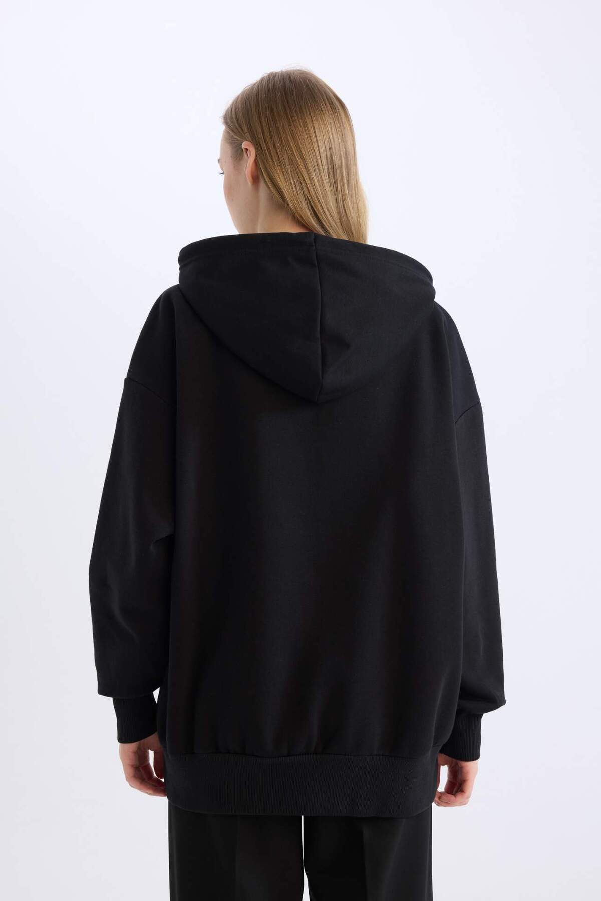 DeFacto-Übergroßes, weit geschnittenes Basic-Sweatshirt mit Kapuze und Taschen, einfarbig, mit Reißverschluss V4233AZ24WN 6