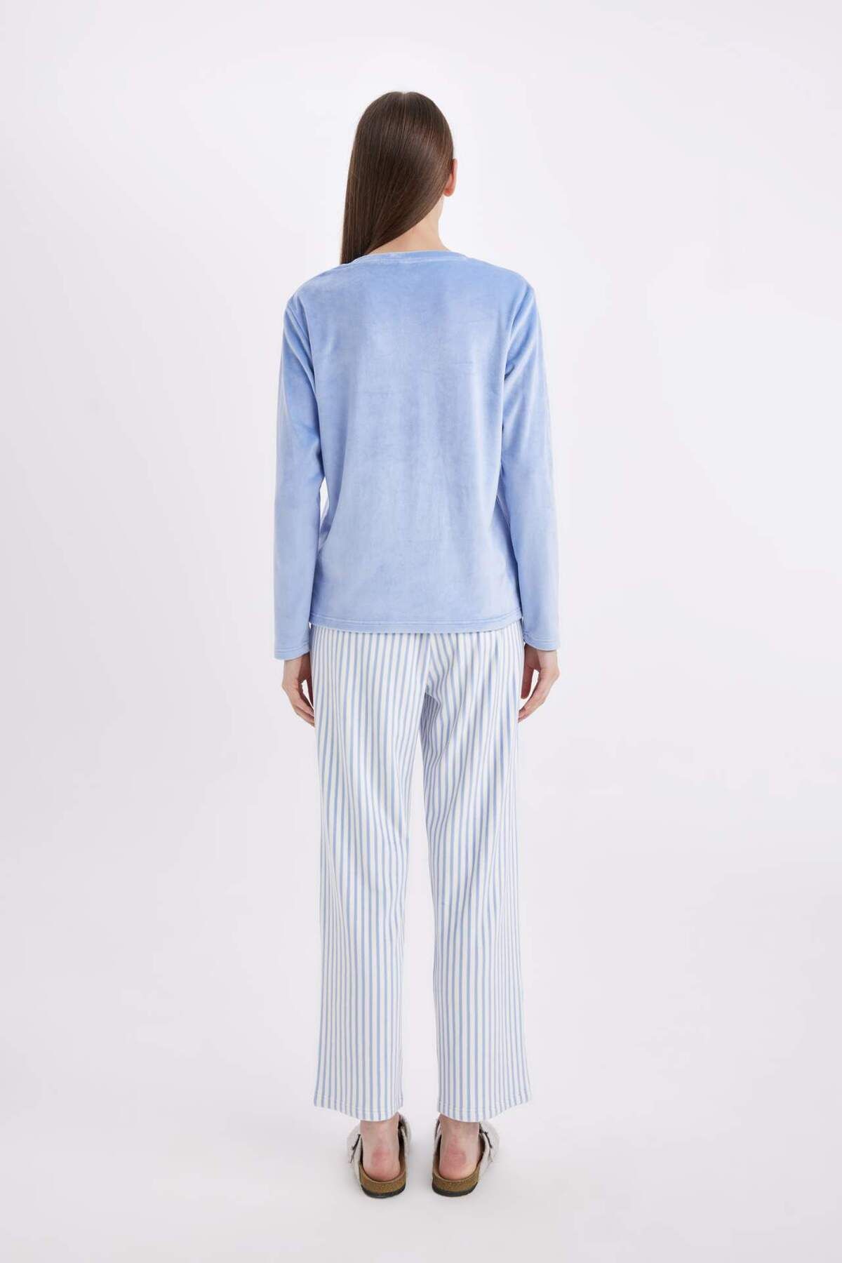 DeFacto-Set pijamale Fall in Love Decolteu în V Basic Solid Mâneci lungi Velur Top cu dungi Talie elastică Partea de jos A6205AX2 5