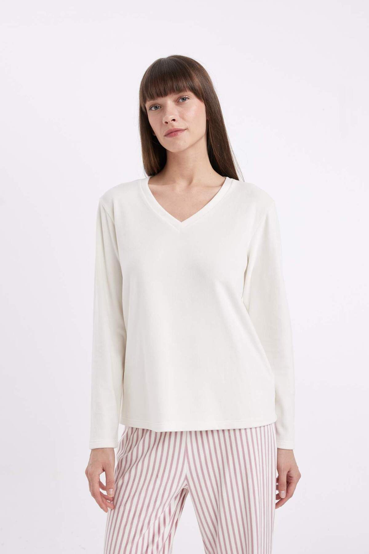 DeFacto-Set pijamale Fall in Love Decolteu în V Basic Solid Mâneci lungi Velur Top cu dungi Talie elastică Partea de jos A6205AX2 4