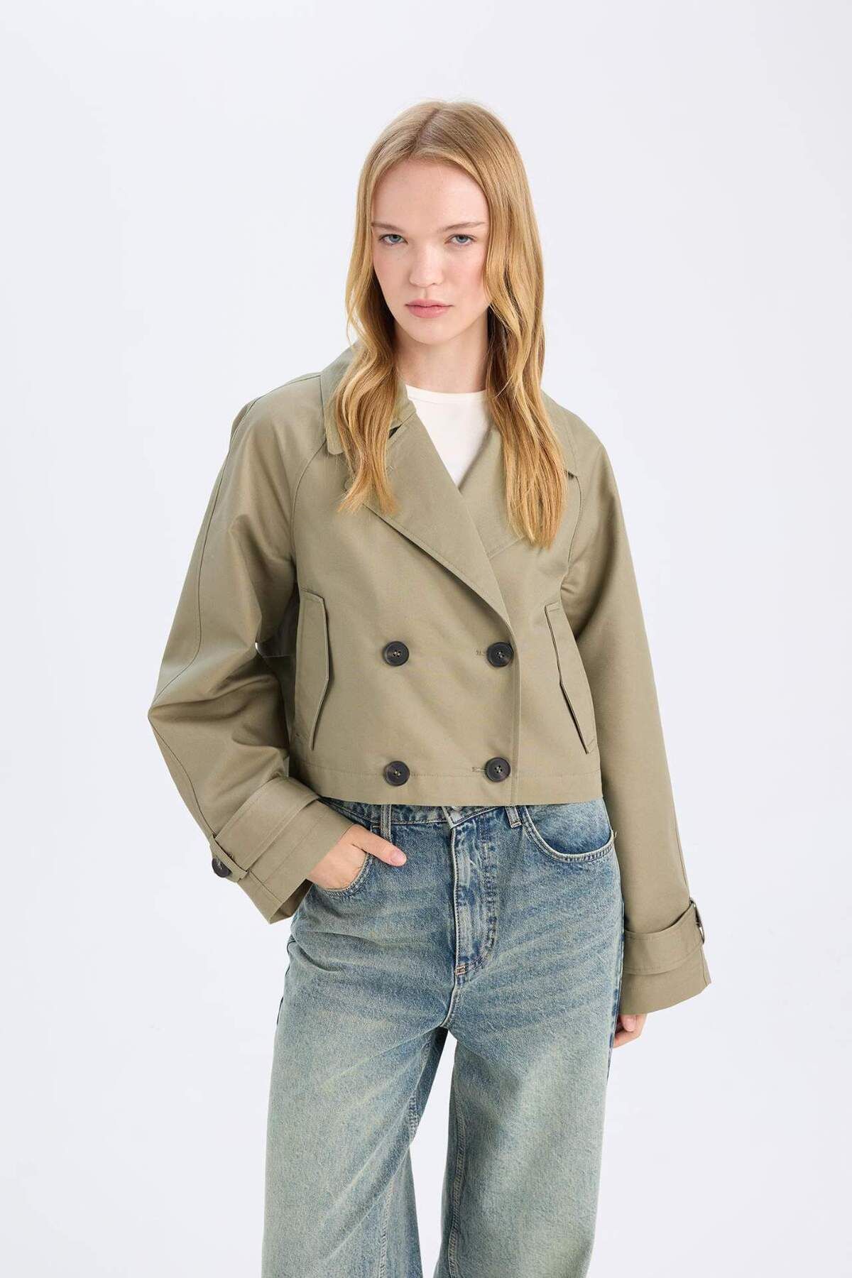 DeFacto-Regular Fit Short Trench Coat Tuxedo Collar Button Cotton D5949Ax24Au 8
