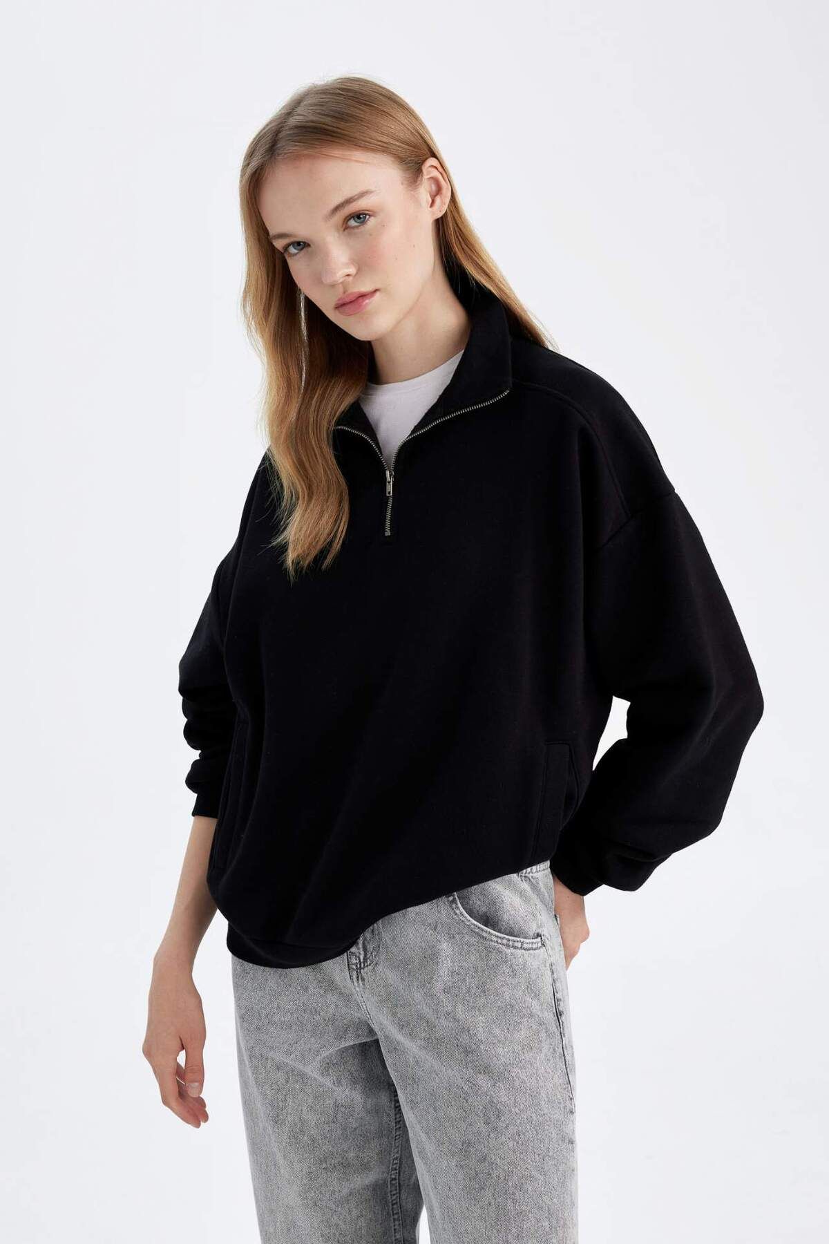 DeFacto-Hanorac negru, simplu, gros, cu fermoar, cu buzunar, cu guler în picioare, oversize D7206AX24WN 4