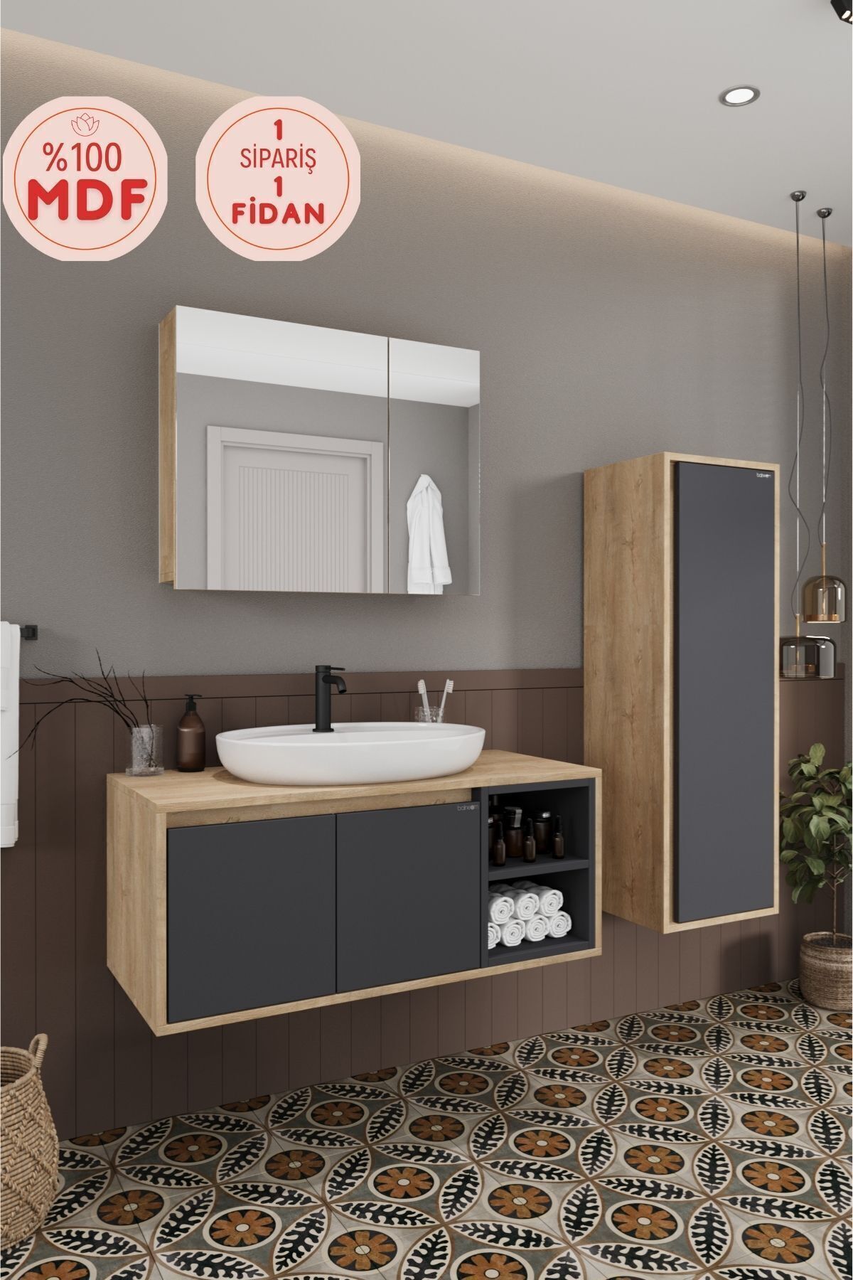 BALNEOM Lale 100 Cm %100 Mdf Lavabolu Banyo Dolabı + Aynalı Dolap + Boy Dolabı