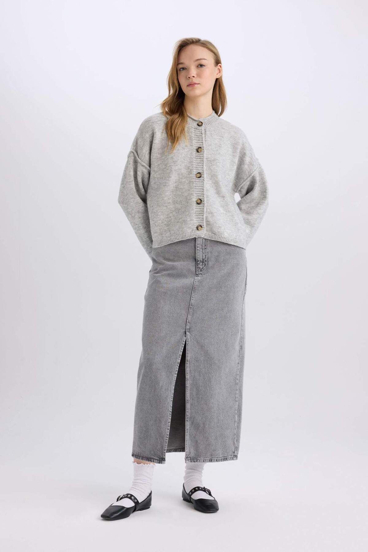DeFacto-Fusta lungă de jeans cu fante la modă, cu buzunare D4424ax24au 1