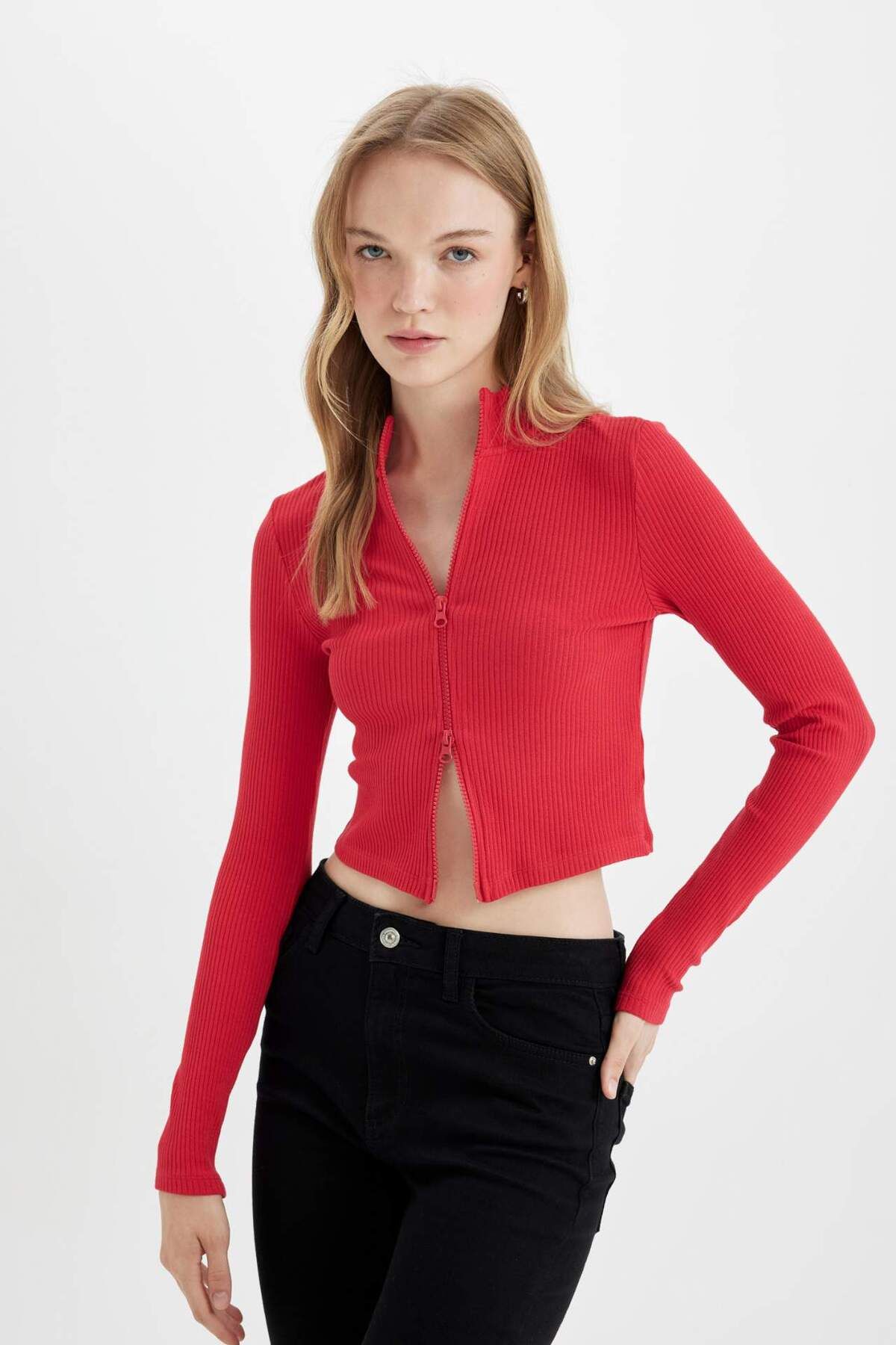 DeFacto-Fitted Stand Collar Basic Plain Zippered Ribbed Camisole Crop Red Cardigan D5124Ax24Au 4