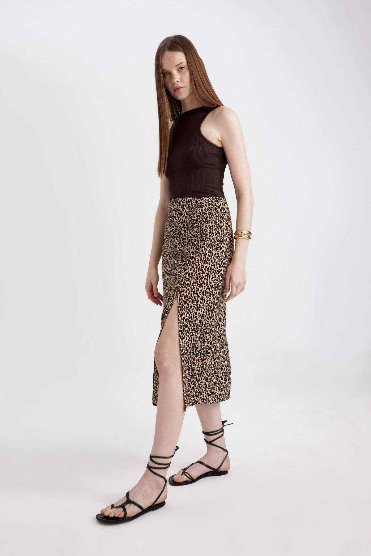 DeFacto-A Form Leopard Patterned Slit Moroccan Midi Skirt C0938Ax24Sm 3