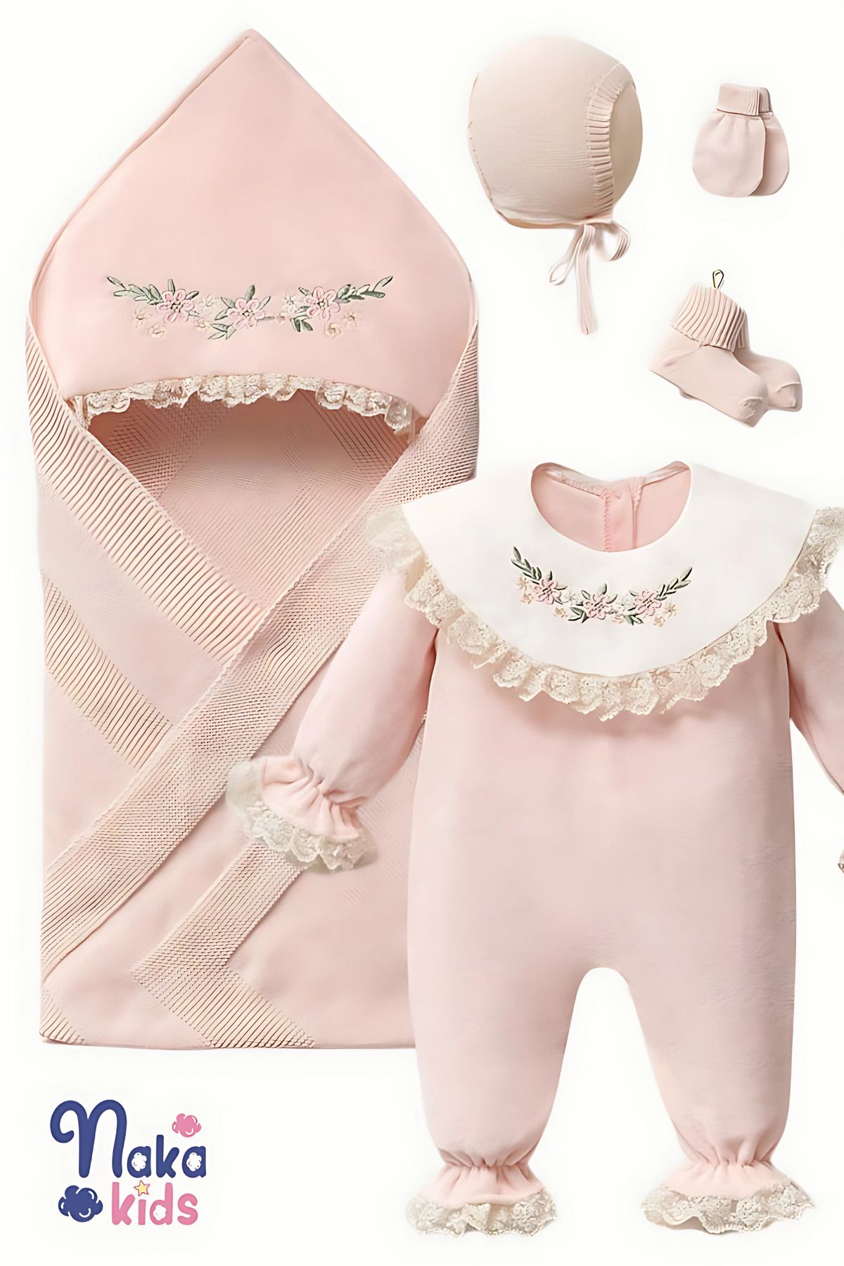 Naka Concept-Pink 100% Cotton Lace Embroidered 5 Piece Baby Girl Hospital Release Set Velvet 1