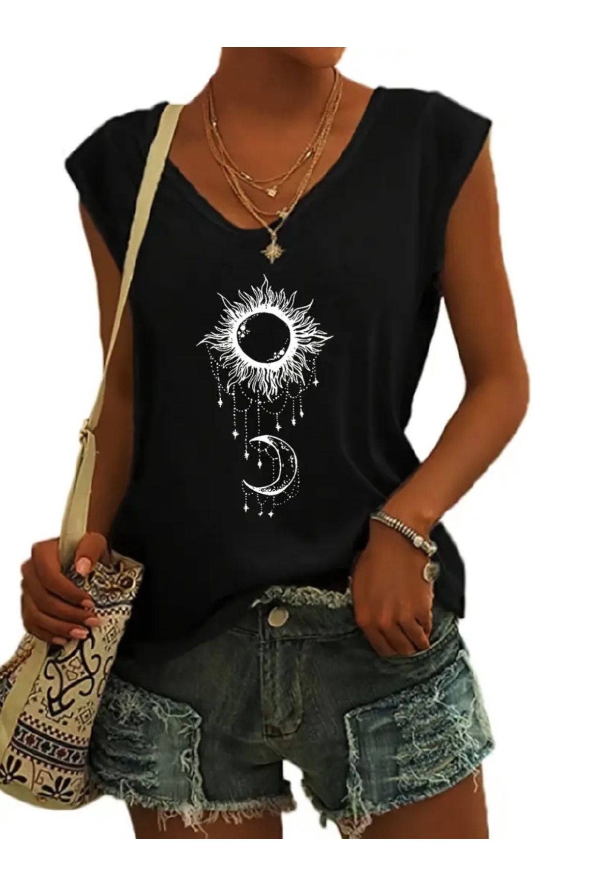 FUFLUNS GÜNEŞ VE AY BASKILI KADIN OVERSİZE KOLSUZ T-SHIRT