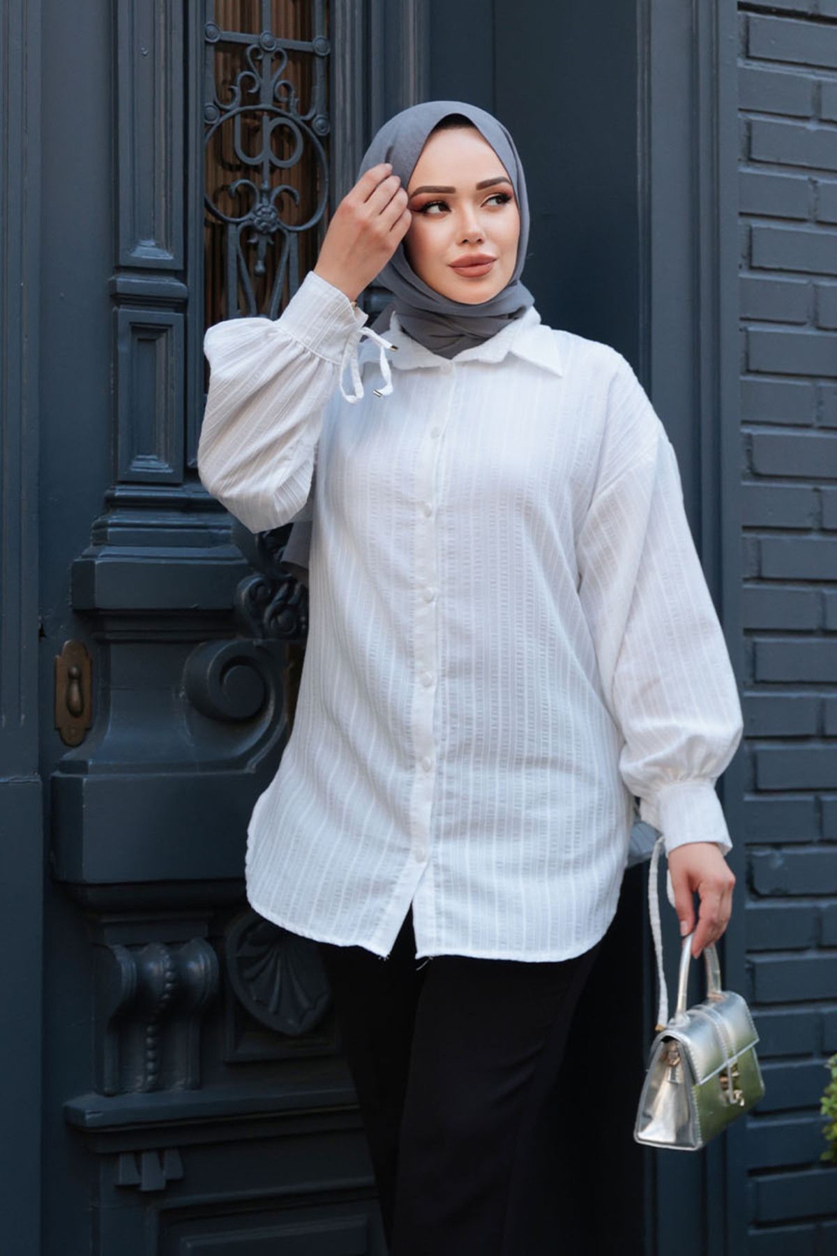N.S NEVA STYLE-Striped Ecru Hijab Tunic 101016E 3