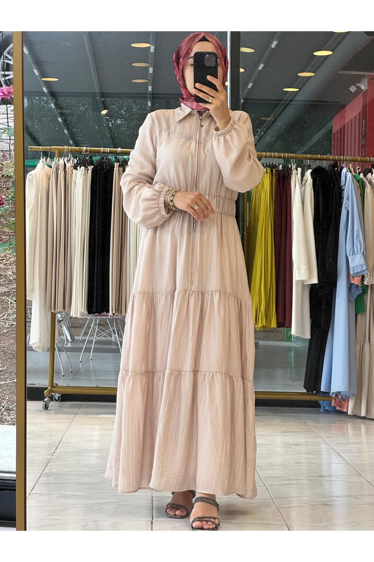 Cashmere Moda-Cotton Lined Front Zipper Self Patterned Elastic Waist Summer Thin Dress 1
